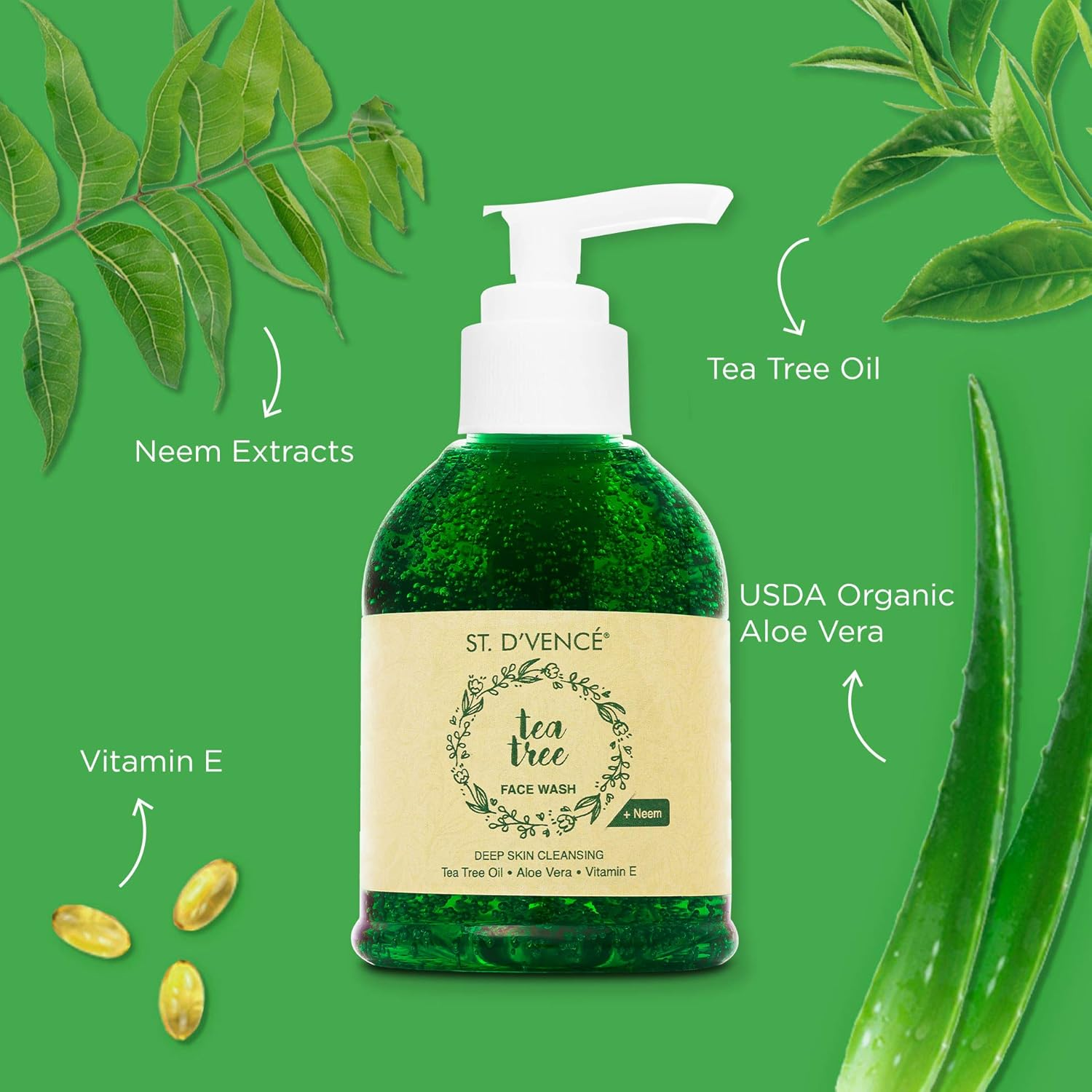 ST. D'VENCE Skin Care Combo Kit with Tea Tree Oil Body Wash (500Ml) + Tea Tree Face Wash (150Ml) for Women & Men image number 4