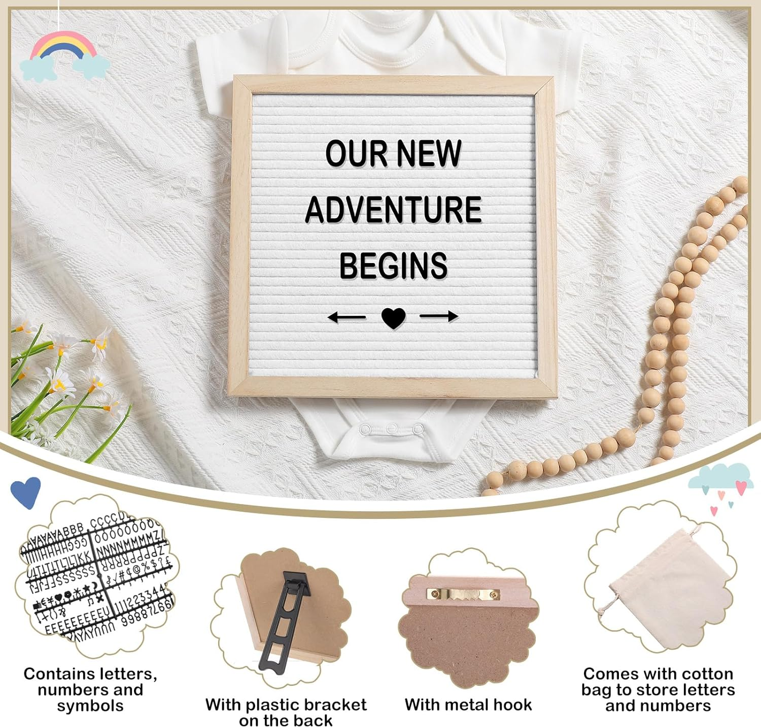 9 Pcs Pregnancy Announcement Set Pregnancy Reveal Ideas Felt Letter Board Baby Bodysuit Baby Booties Photo Frame Bear Plush Baby Wood Blocks for Coming Soon Baby Announcement (White,Bright) image number 3