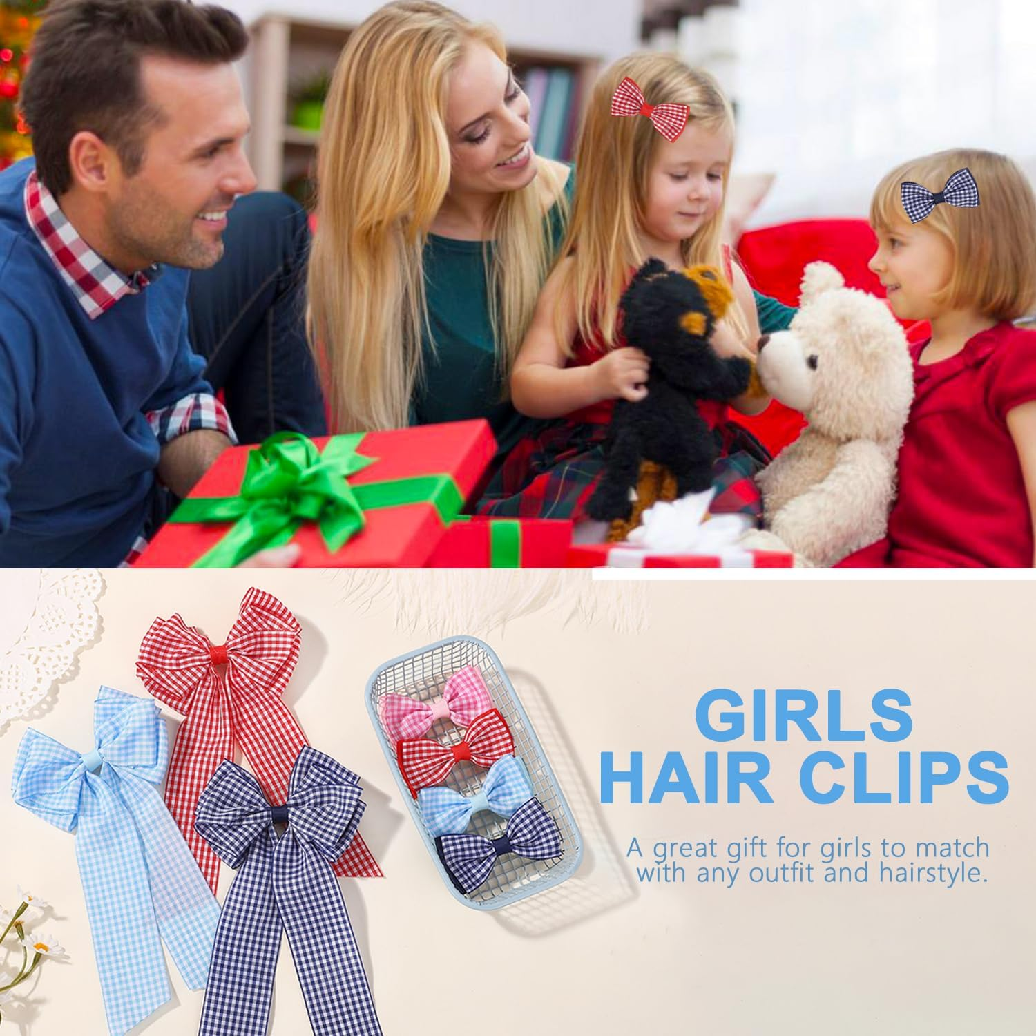 12PCS Girls Plaid Bow Hair Clips, Gingham Hair Ribbon Nonslip Alligator Clips Checkered Bowknot Hair Clips with Long Tails Ponytail Holder Barrettes Pin Hair Accessories for Infant Toddlers Teens Kids image number 2