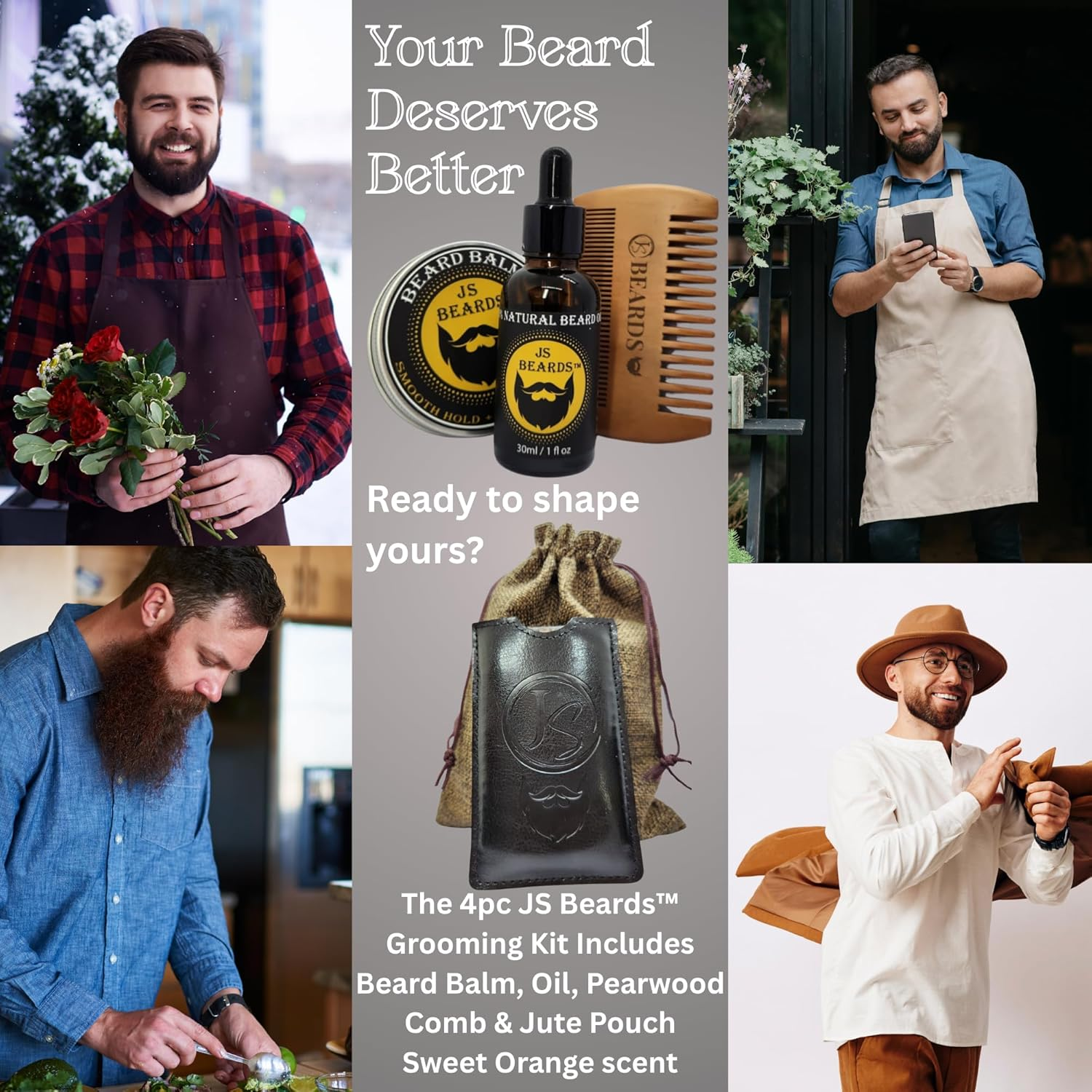 JS Beards All Natural Beard Care Collection 4Pc Grooming Kit &ndash; Oil, Balm, Pearwood Comb, & Jute Storage Pouch &ndash; Men&rsquo;S Gift - No Parabens No Silicone - by Jane Sweetpea image number 3