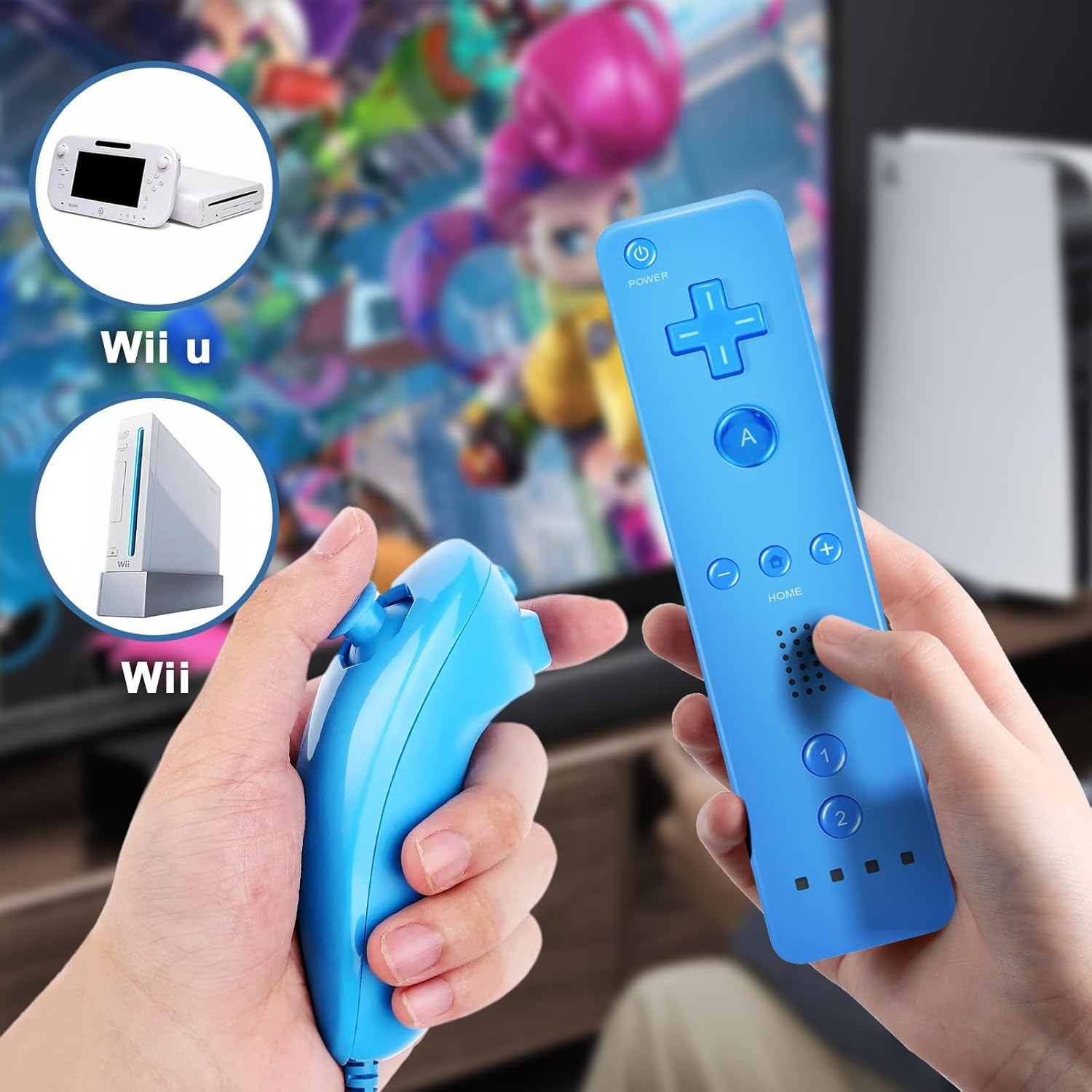 Wii Remote Controller and Nunchuck Controllers for Wii U, Including Silicone Case and Wrist Strap (Red+Blue) image number 5