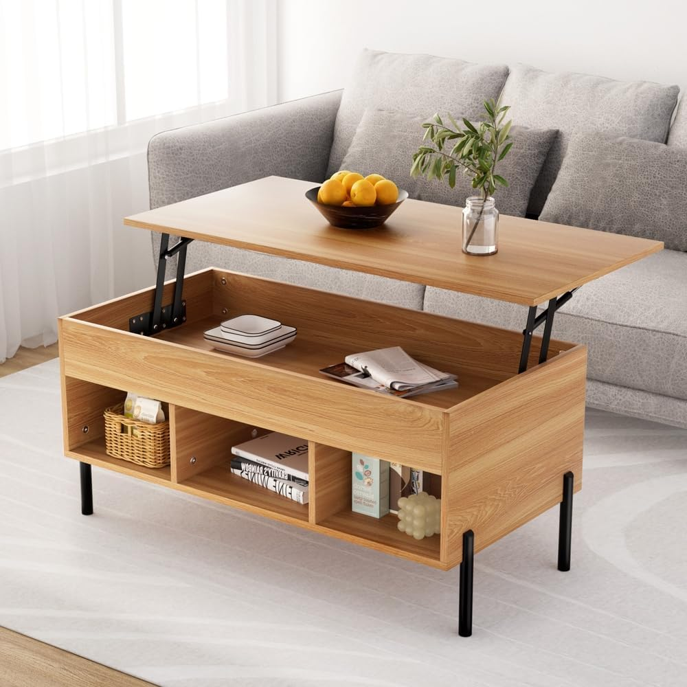 Artiss Lift Top Coffee Table with Storage, Wooden Convertible Oak Lift up Coffee Tables Hidden Compartment Furniture with Display Shelf, for Home Living Room Lounge Room image number 1