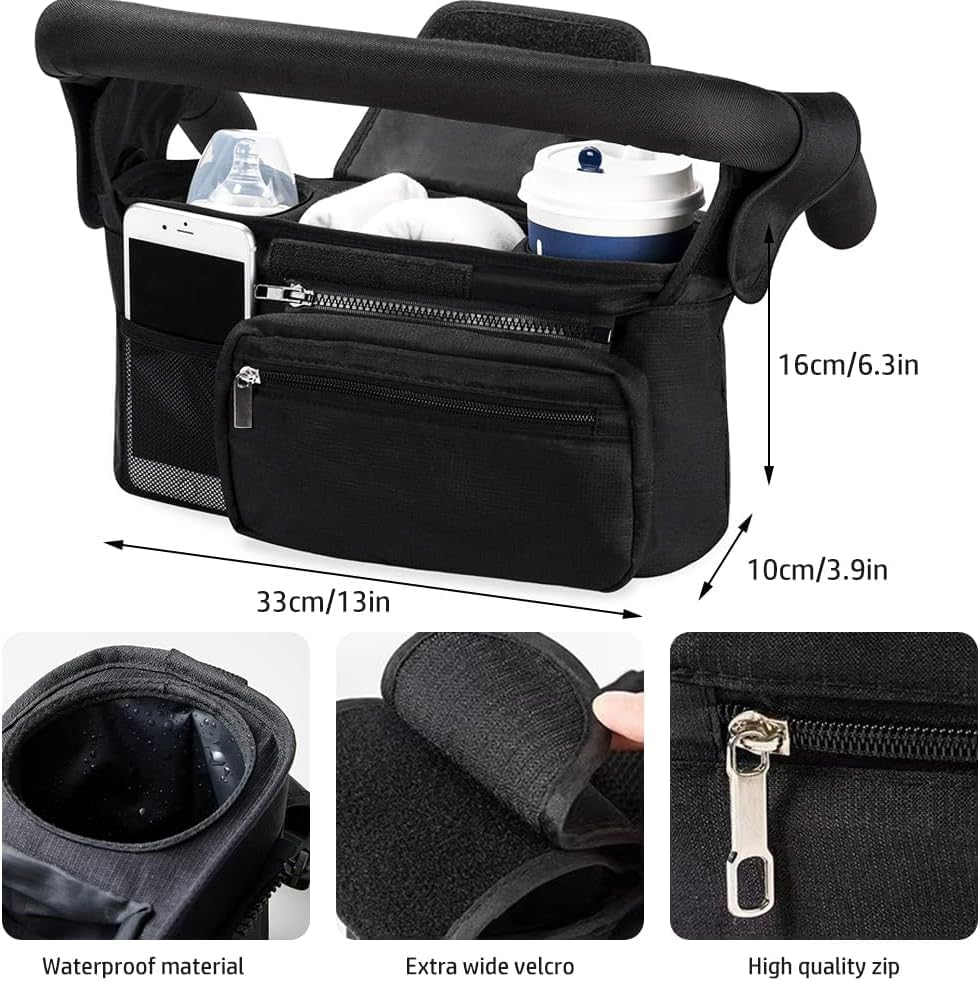 Baby Pram Bag, Baby Pushchair Organizer with Insulated Drink Cup Holder and Phone Storage, Universal Stroller Storage Bag with Adjustable Strap and Detachable Pocket (Black) - Black image number 6