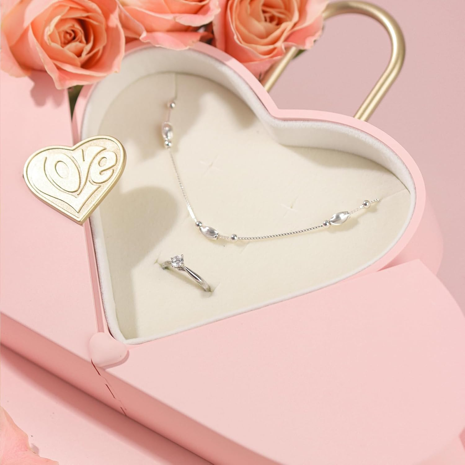 Ring/Earring/Necklace Jewelry Set Box Luxury Gift Box for Anniversary Birthday Christmas Jewelry Storage Case for Women (PINK) BOX ONLY - Pink image number 6