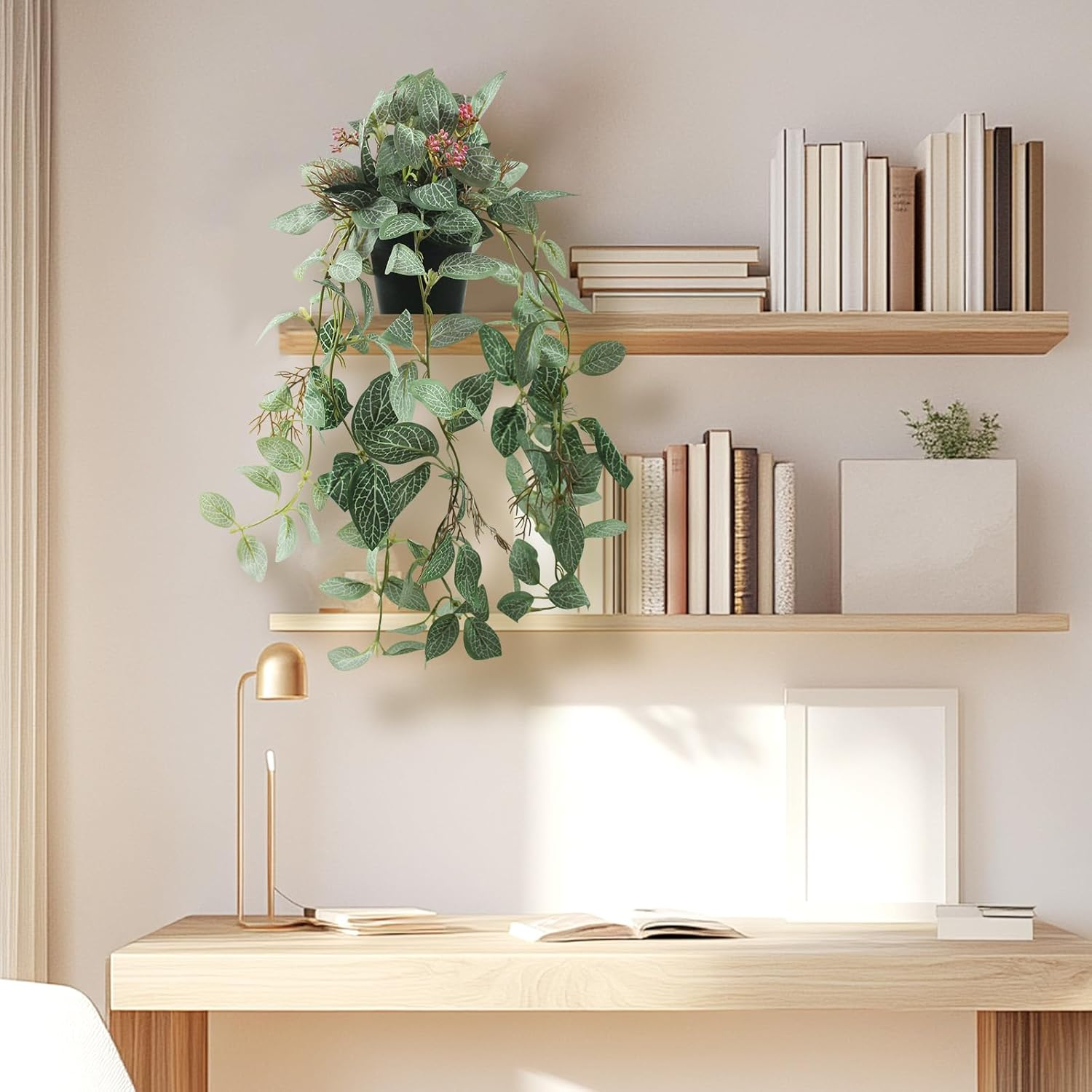 2 Pcs Artificial Hanging Plants Realistic Watermelon Texture with Flower Buds Fake Potting Leaves Faux Peperomia Vine Green Plants for Indoor Outdoor Home Garden Decor - A image number 2