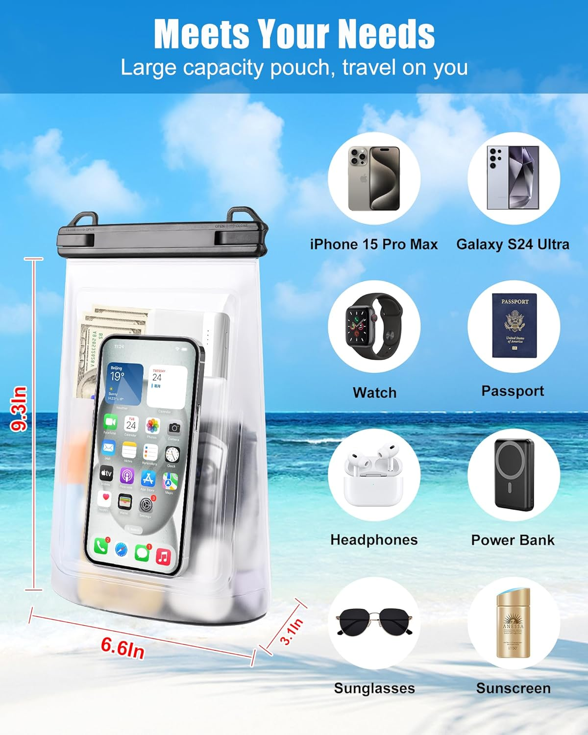 Waterproof Phone Pouch for Iphone 16 15 14 11 Pro Max & Galaxy S24 S21 - Floating Large Capacity Dry Bag Stores Sunscreen, Sunglasses - Oversized Waterproof Bag for Beach, Swimming, Kayaking