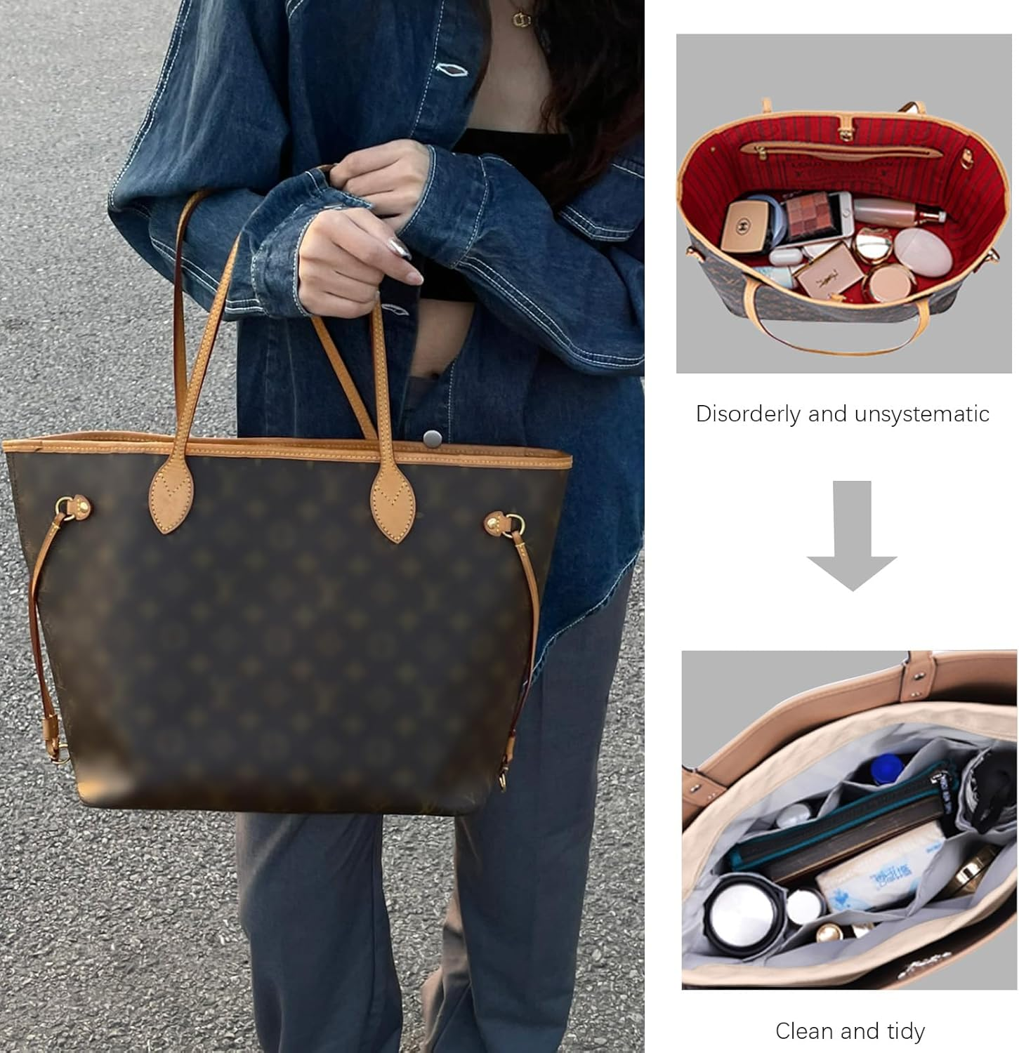 Lckaey Purse Organizer Insert for Neverfull Handbag Is Compatible with More Similar Brands of Tote Bag-Nylon Organizer 3055Khaki-Xs image number 4