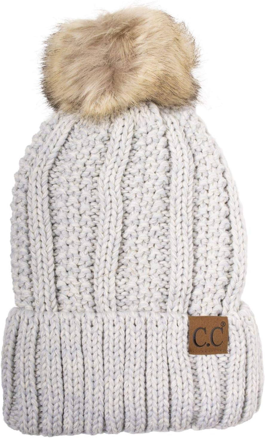 C.C Thick Cable Knit Faux Fuzzy Fur Pom Fleece Lined Skull Cap Cuff Beanie