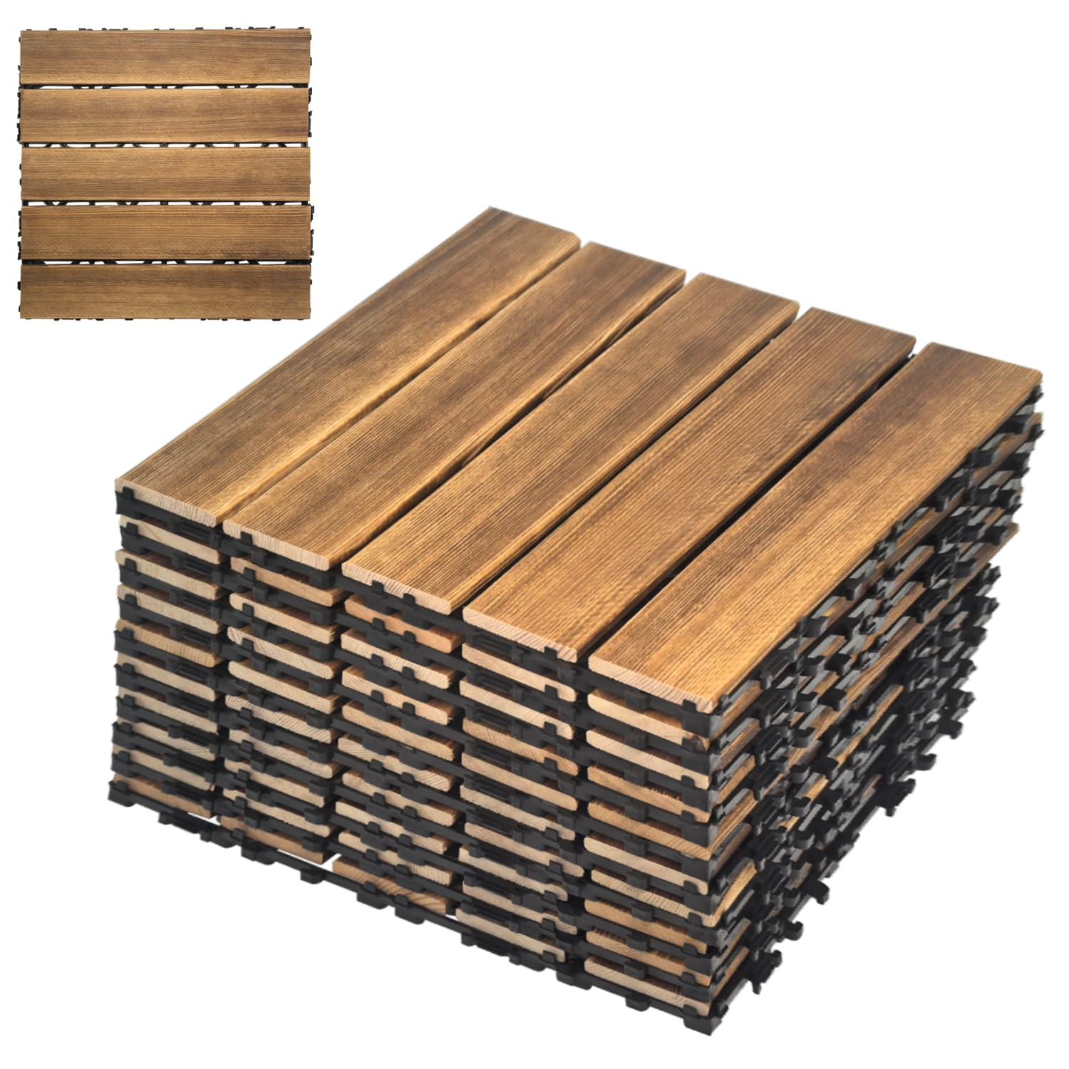 10PCS Interlocking Deck Tiles 29.5Cm X 29.5Cm, Flooring Tiles for Both Indoor and Outdoor, Pine Wood Floor Tiles, Patio Tiles for Balcony Flooring image number 2