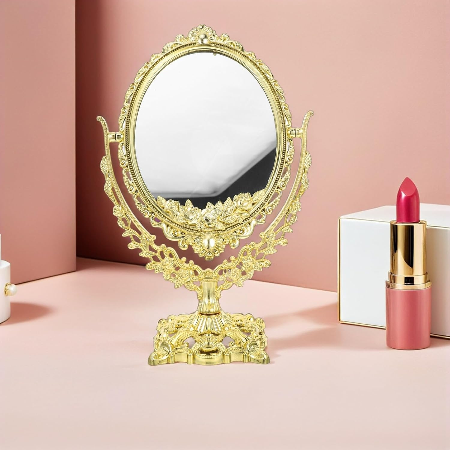 Happyyami Vintage Double-Sided Makeup Vanity Mirror 360&deg; Swivel Rotating Oval Desktop Cosmetic Mirror for Dressing Table and Bathroom Use image number 5