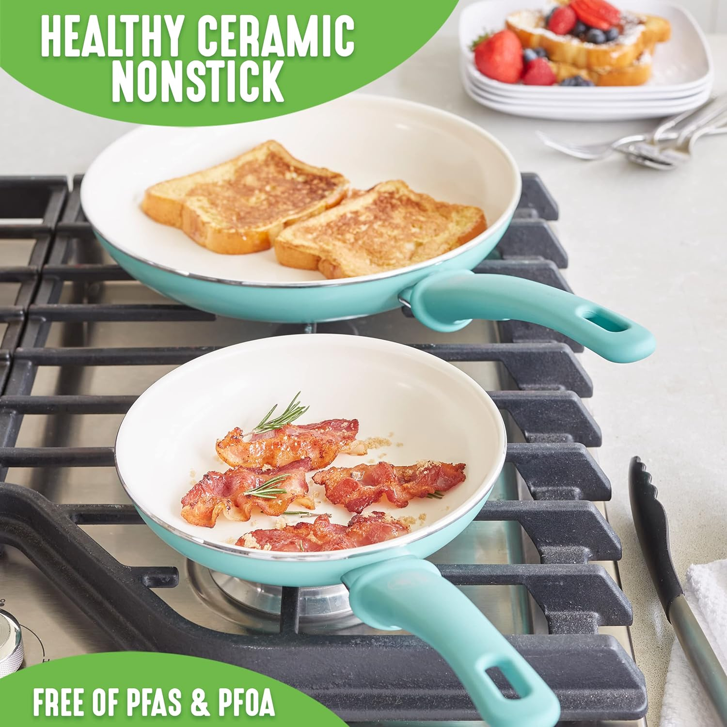 Greenlife Soft Grip Healthy Ceramic Nonstick 20, 26 & 30Cm Frying Pan Skillet Set, Pfas-Free, Dishwasher Safe, Turquoise - Turquoise image number 2