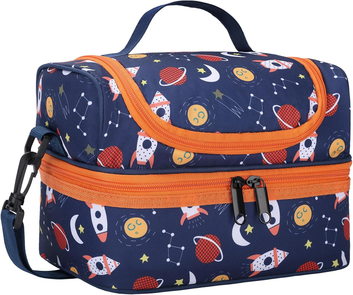 KASQO Lunch Box Bag for Kids, Insulated Lunch Bag Two Compartments Toddler Cooler Bag Lunch Tote Bag with Detachable Shoulders Strap for School Picnic， Blue Car