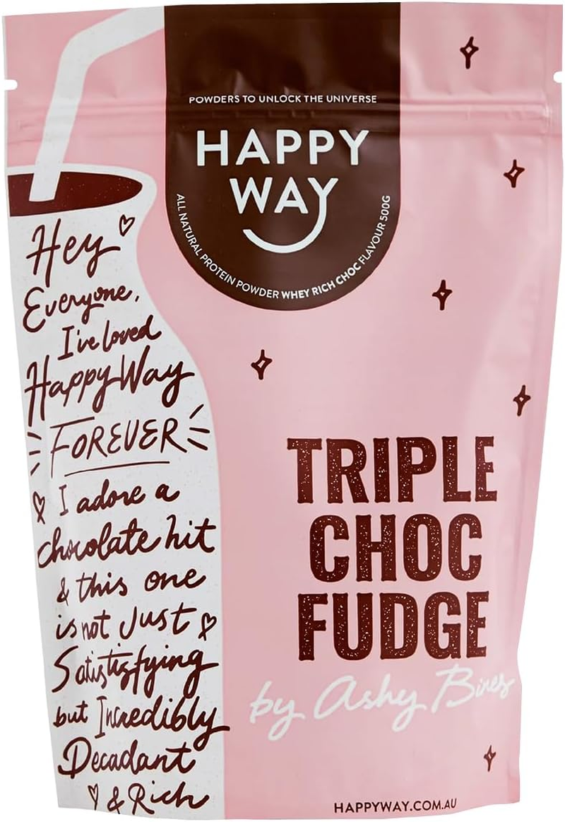 HAPPY WAY Ashy Bines Triple Choc Fudge Whey Protein Powder - 500G | Chocolatey and Fudgy Goodness | Supports Toning & Muscle Recovery | Ideal for Shakes, Smoothies & Healthy Recipes