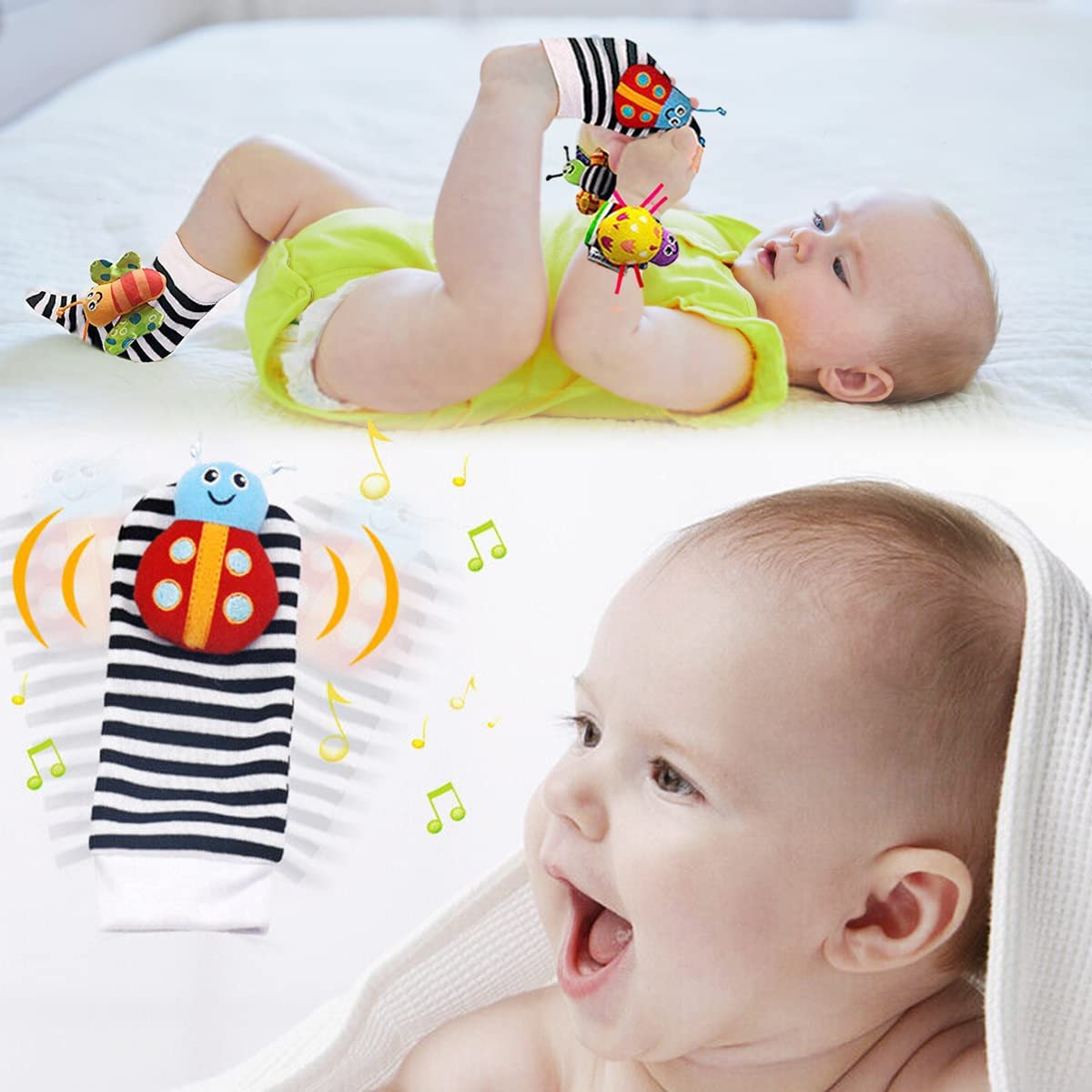 8Pcs Baby Wrist Rattle Foot Finder Socks Infant Developmental Sensory Learning Toys from 0-3-6 Months Old-Cute Garden Bug Edition 8 Items Piece Set Christmas Gifts for Kids image number 3