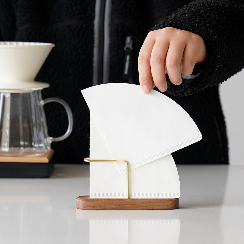 Watchget Cone Coffee Filter Holder Walnut & Brass Coffee Filter Storage Container Coffee Filter Stand for V60#01 and #02 Size Cone Paper Coffee Filters image number 5