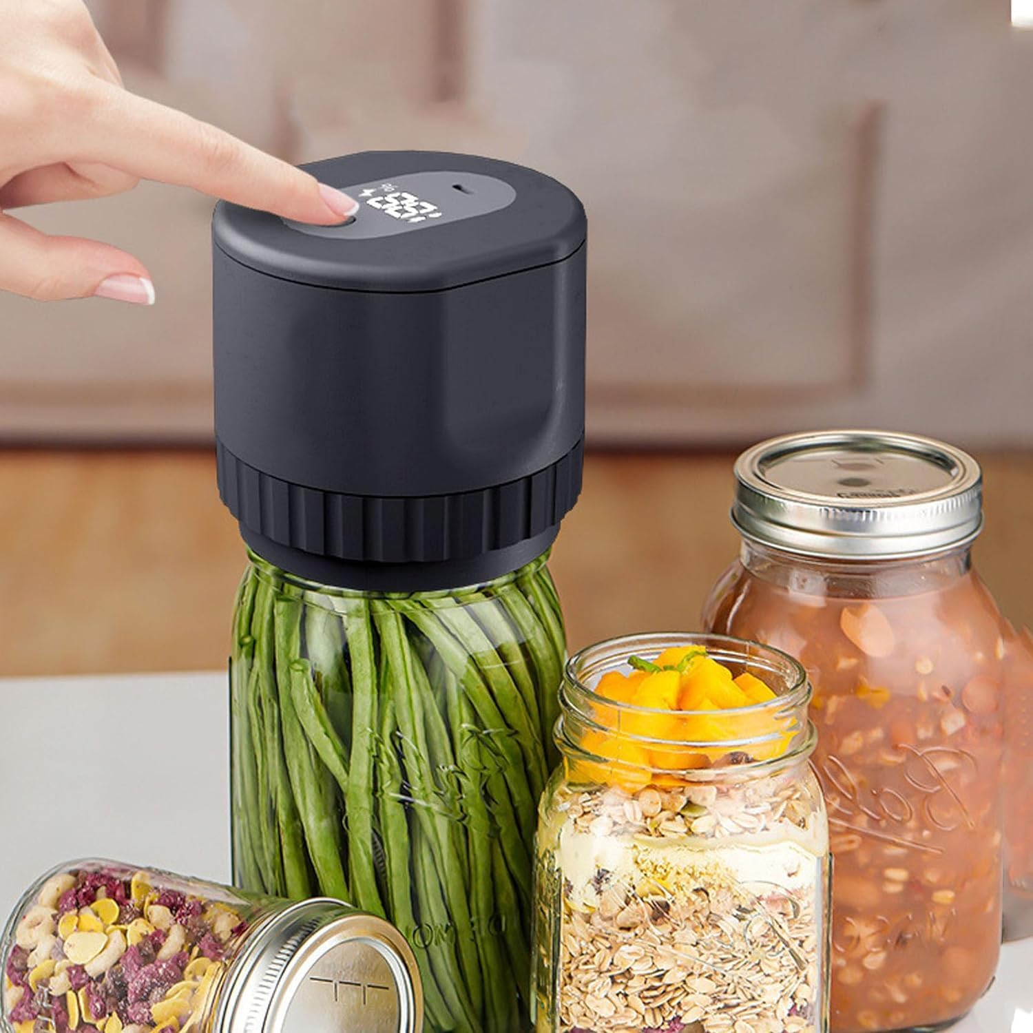 Mason Genie Vacuum Sealer, 2024 New Electric Mason Jar Vacuum Sealer, Cordless Everjar Vacuum Sealer for Wide Mouth and Regular Mouth Mason Jars for Food Storage (Black)