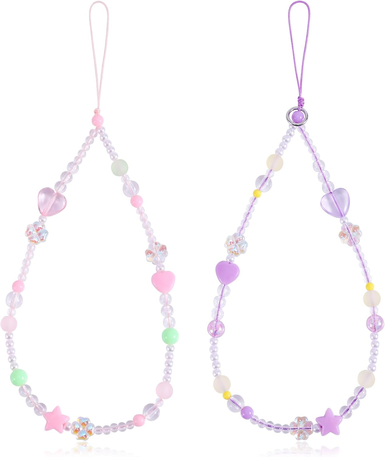 Mikovivi 2Pcs Beaded Phone Bracelet Strap, Love Four-Leaf Mobile Phone Chain Wristband Lanyard Anti-Lost Bracelet for Women Keychains Pendant Wallets Cameras Decoration, Medium, Resin, No Gemstone image number 1