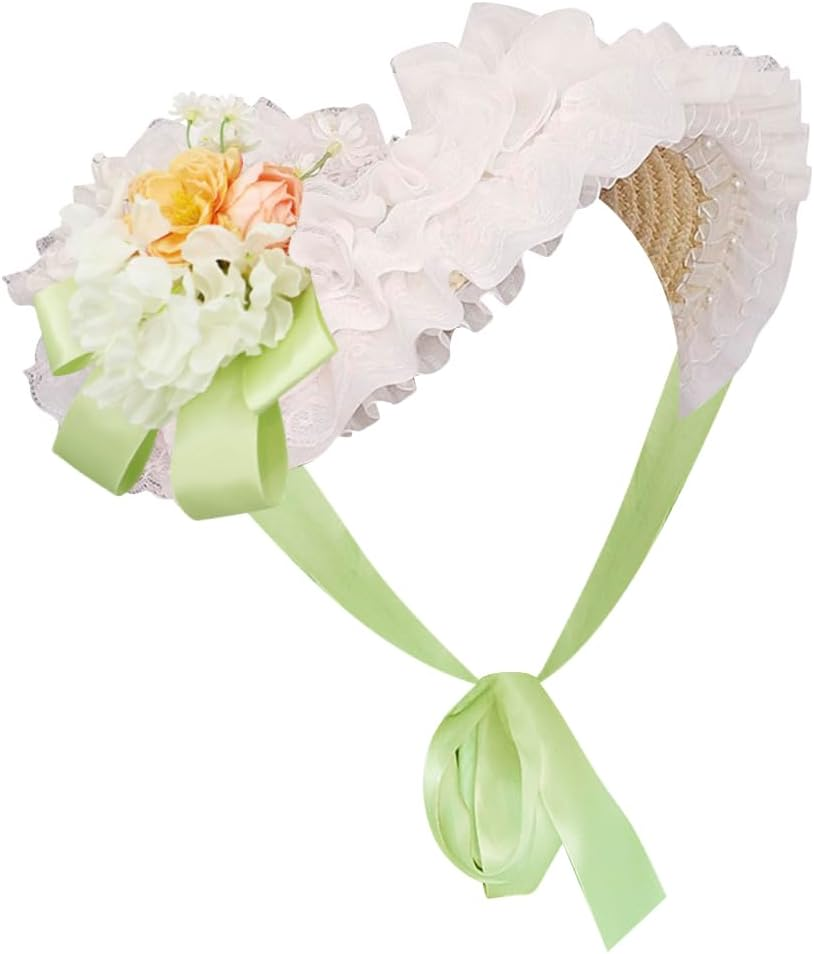 Girls Women Victorian Lolita Flat Bonnet Cap Tea Party Sun Hat Lace Bows Flower Ribbons Straw Hats image number 4