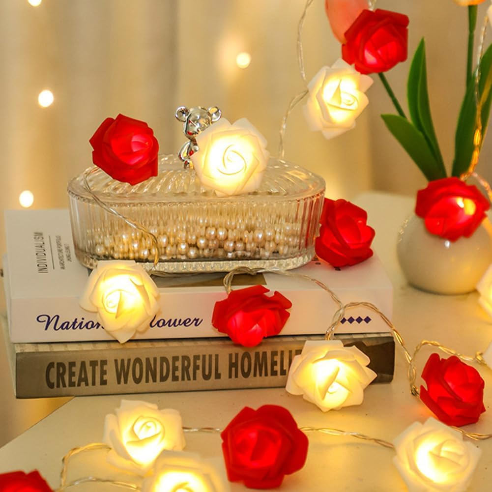 Cutitiuu Rose Flower Fairy String Lights,3.0M/30 LED Rose Fairy String Lights,Battery Powered,Bedroom Lights for Valentine'S Day Wedding Outdoor,Flower Strings Light for Wedding (Red+White) - Red image number 2
