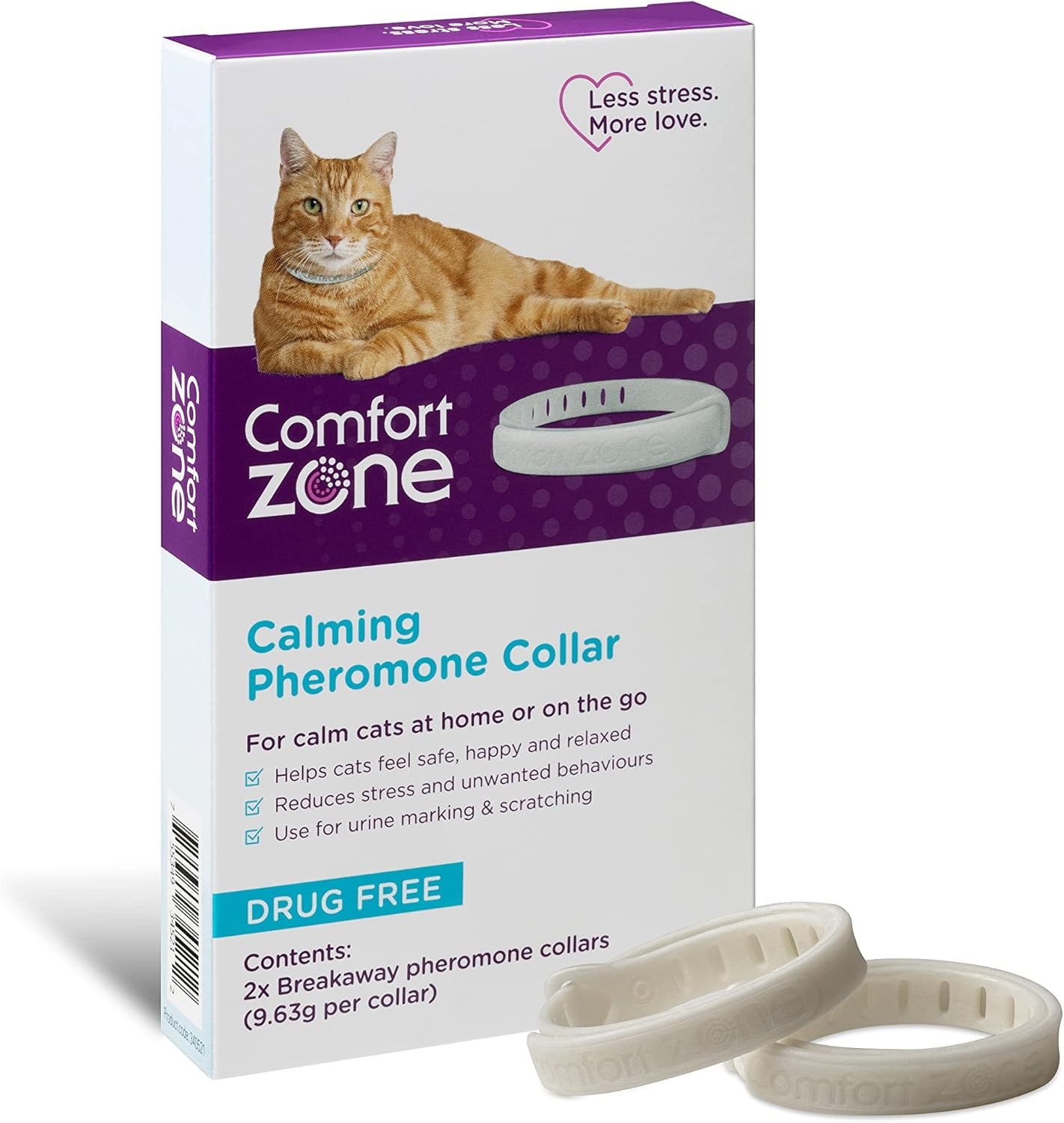 Comfort Zone Cat Calming Pheromone Collar, Helps Cats Feel Safe, Happy, Calm, Reduces Stress, Anxiety and Unwanted Behaviours, with Breakaway Feature for Safety, 2 Collar Pack, White image number 2