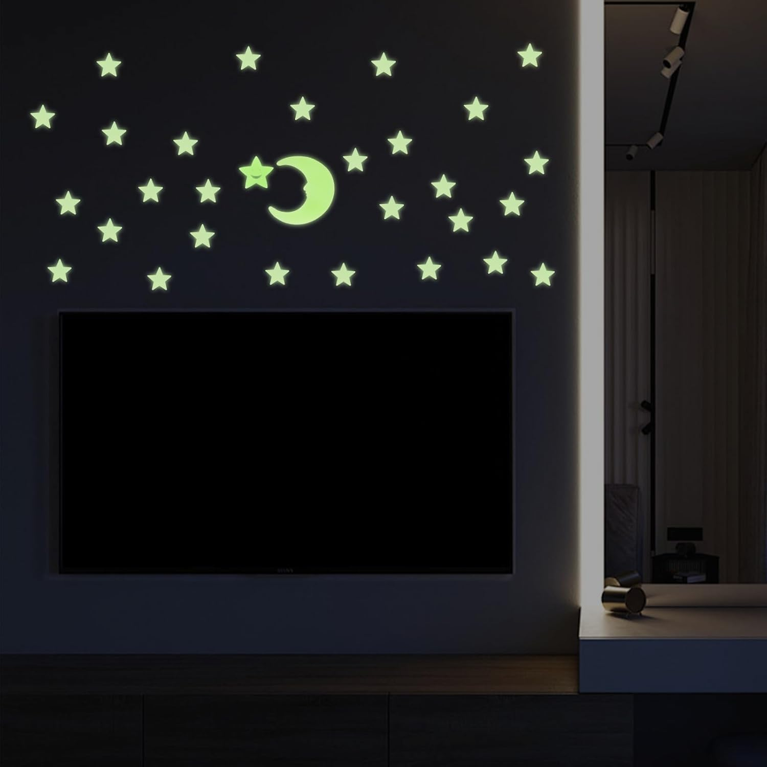 102 Pcs Glow in the Dark Star Stickers, Fluorescent Green 100 Stars 1 Moon 1 Smiling Star with Adhesive Tape, Ceiling & Wall Decals Decor for Kids Boys Nursery Bedroom Living Room image number 2