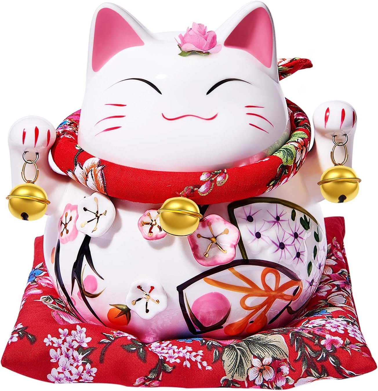 Randj 6" Cute Lucky Cat Maneki Neko Japanese Lucky Cat with Two Bells Piggy Bank Gift Desk Decoration (Head Flower) image number 4