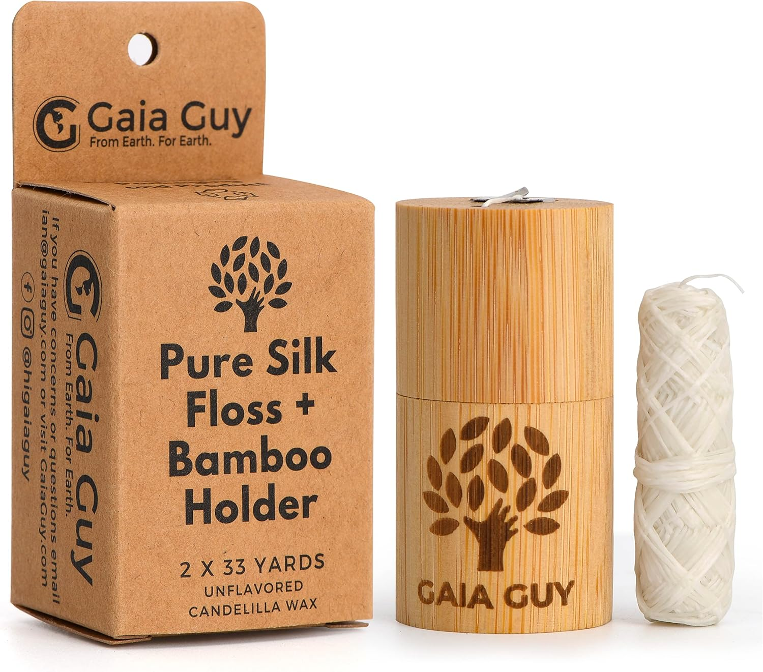 Gaia Guy Natural Unflavored Silk Dental Floss with Floss Refill & Reusable Bamboo Holder | 2 X 30 Meters of Compostable Pure Silk Waxed with Candelilla Wax | Plastic-Free Packaging image number 4