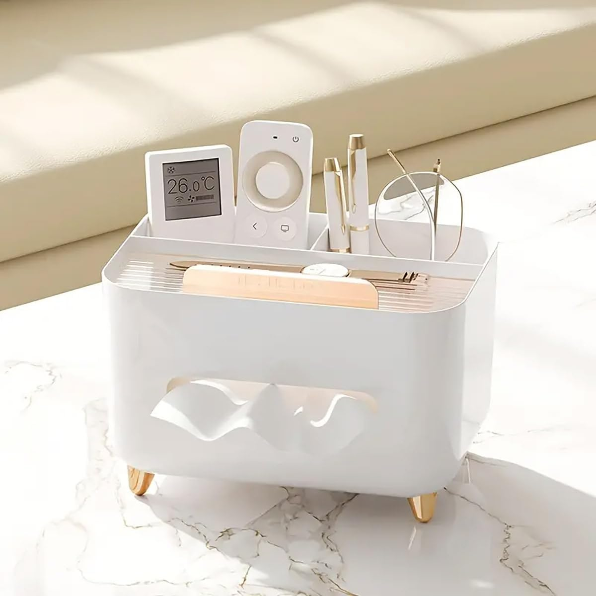 AIMALL Multifunctional Desk Organizer Tissue Box, Stylish Nordic Design for Living Room, Coffee Table, and Remote Control Storage 8.27&times;5.91&times;5.12 Inch - Beige image number 4