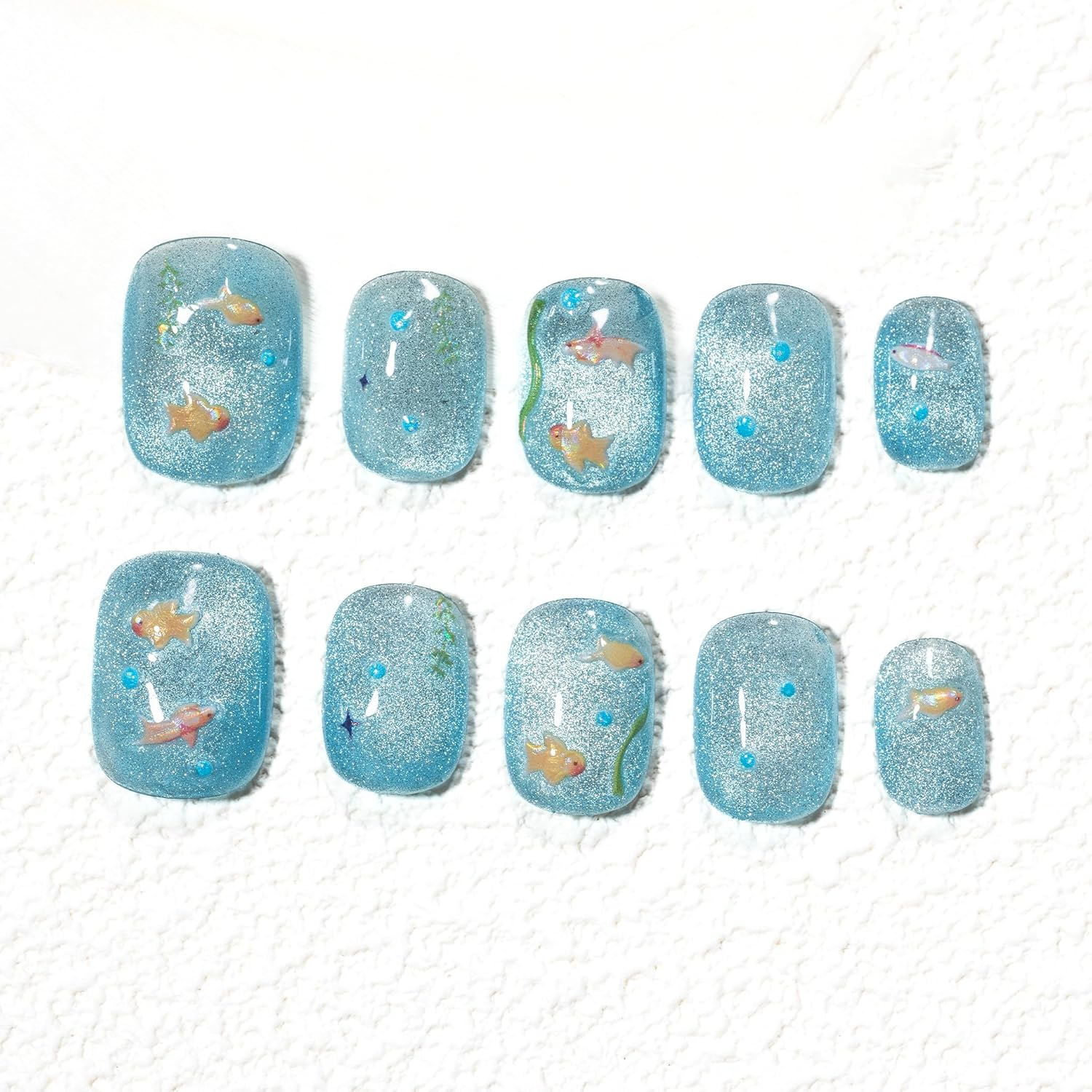 Sun&Beam Nails Handmade Press-On Short Squoval round Blue Cartoon Summer Minimalist Design Fashion False Nail Tips 10 Pcs Set (#246 S)