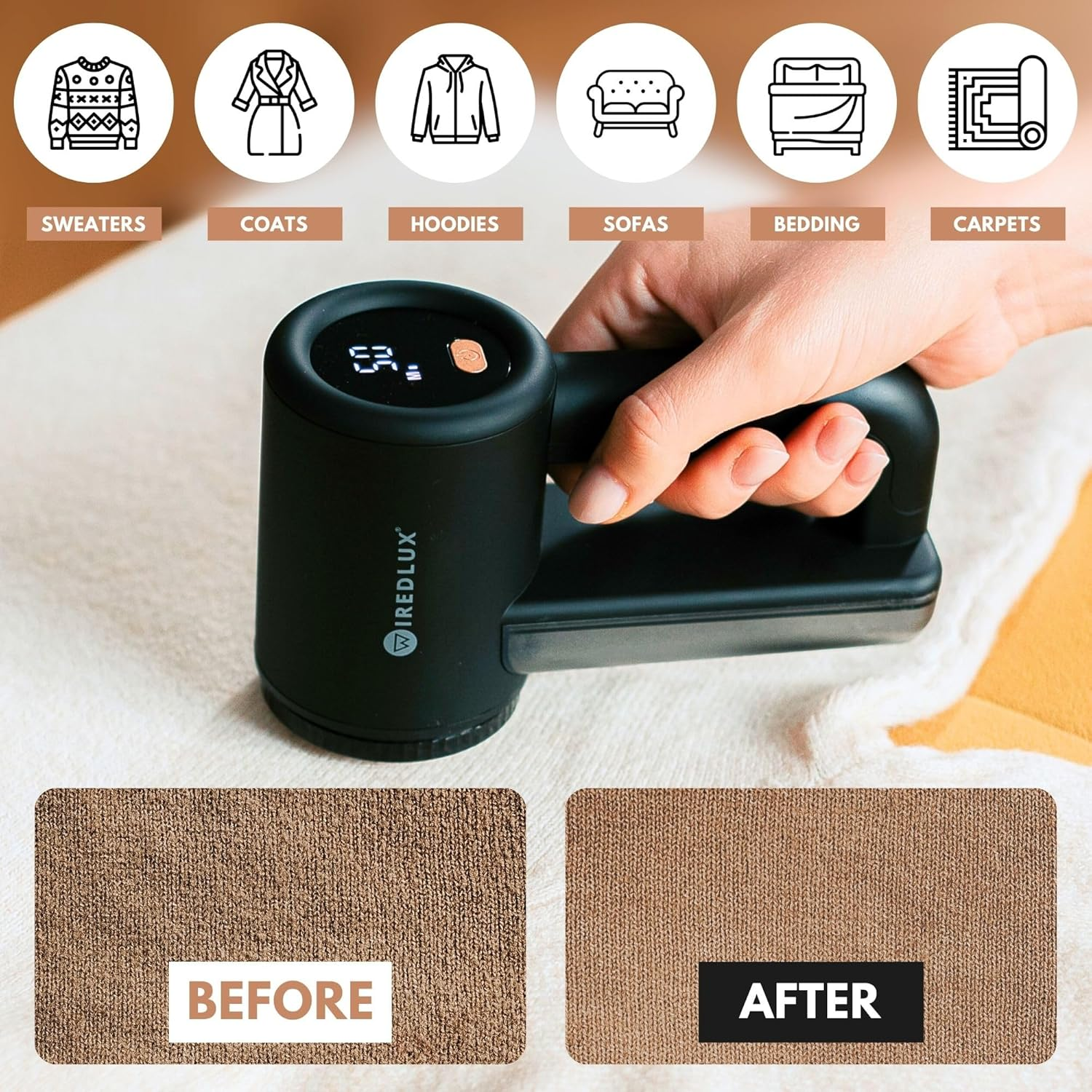 Electric Lint Remover Wiredlux - Rechargeable Fabric Shaver Bobble Remover for Clothes & Furniture - Adjustable 3-Speed, 6-Leaf Blade, LED Display, USB Charging (Black) image number 6