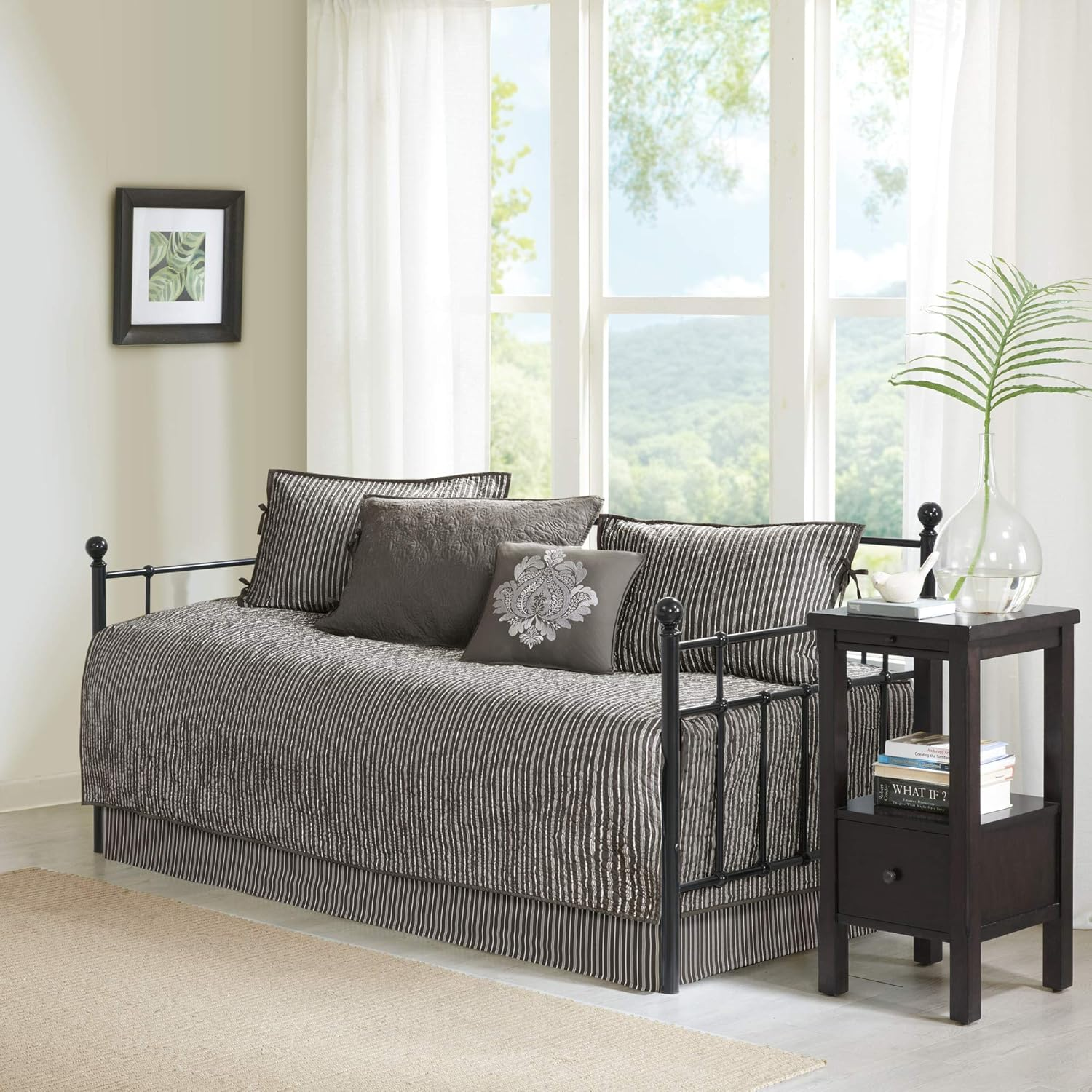 Madison Park Cotton Daybed Cover Set-Double Sided Quilting Classic Cottage Design All Season Bedding with Bedskirt, Matching Shams, Decorative Pillow, 75"X39", Quebec Dark Grey 6 Piece