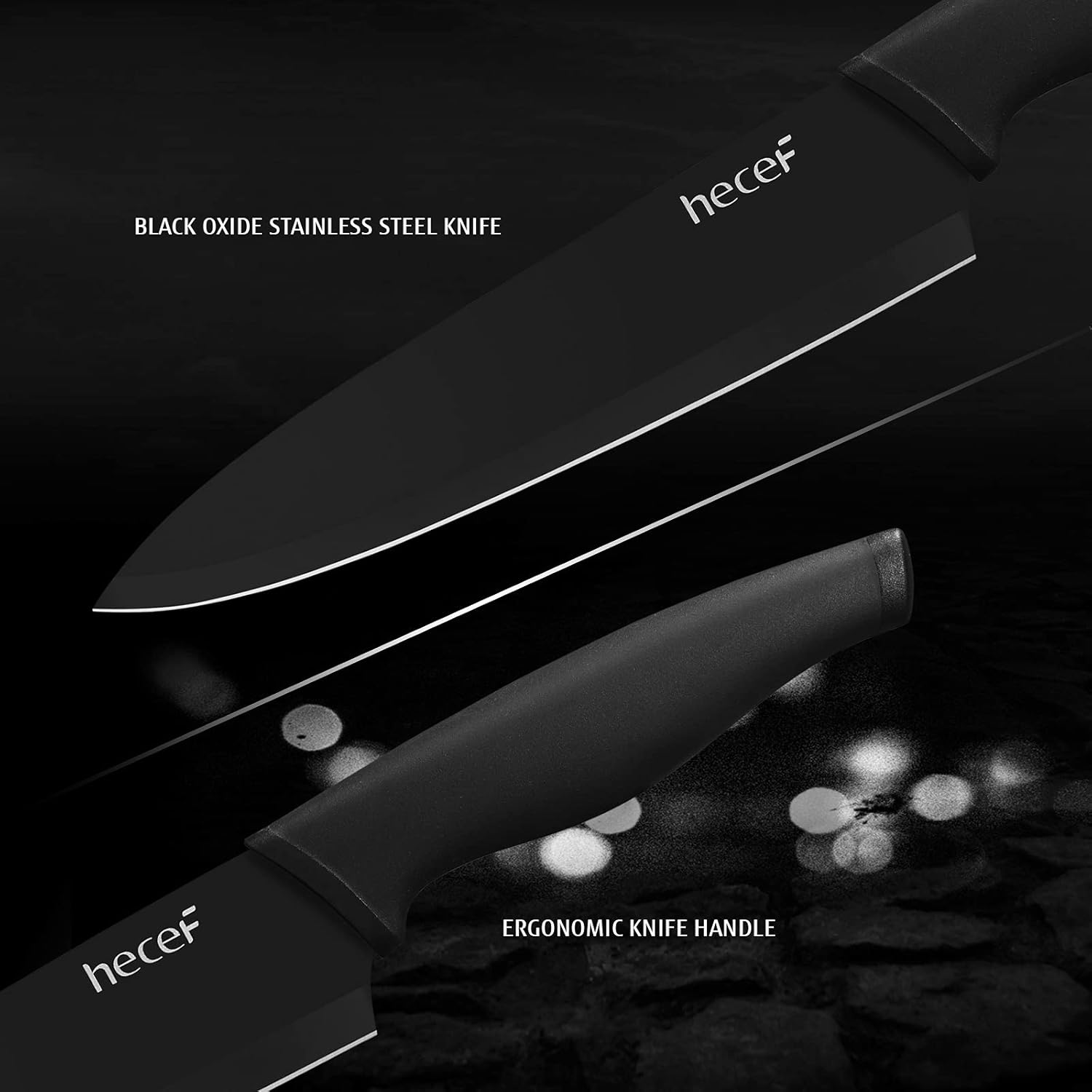 Hecef Black Oxide Knife Set of 6 with Matching Blade Protective Sheath, Black Kitchen Knife Set, Scratch Resistant & Rust Proof, Hard Stainless Steel, Non Stick Black Color Coating Blade Knives