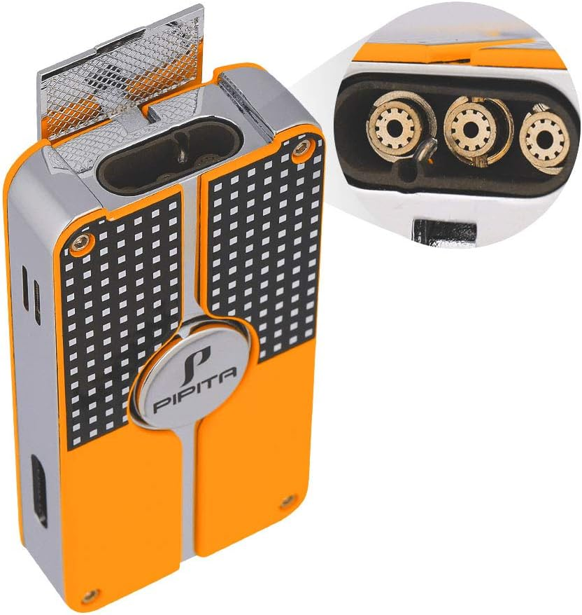 PIPITA Torch Lighter Gift Set,Windproof Triple Jet Blue Flame Torch Lighter with Punch and Cutter Set, Refillable Buntane Gas Lighters (Without Gas) (Silver) image number 3