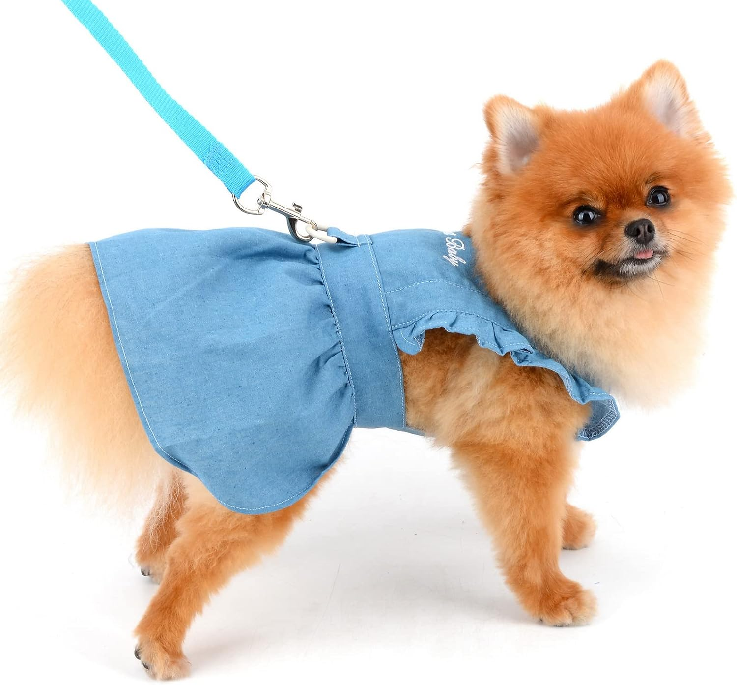 SMALLLEE_LUCKY_STORE Dog Denim Harness Dress, Ruffles Puppy Princess Dress for Small Medium Dog Cat Girls Adjustable Pet Jean Skirt with D-Ring Female Dog Clothes Summer Apparel,Light Blue,S image number 3