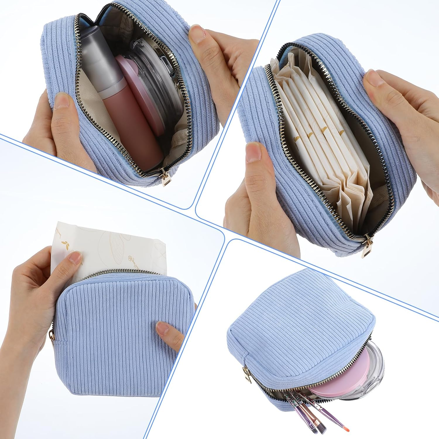 Period Bag for Teen Girls, Corduroy Sanitary Napkin Storage Bag, Cute Cosmetic Pouch for Women with Slip-In Pockets, Sky Blue - Sky Blue image number 2