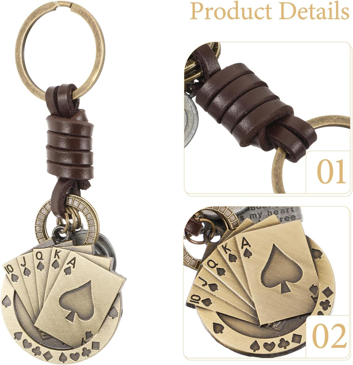 YARNOW Vintage Leather Poker Card Keychain for Men, Handmade Woven Cowhide Key Ring, Creative Small Bag Hanging Pendant, Retro Key Decoration for Car and Backpack image number 3