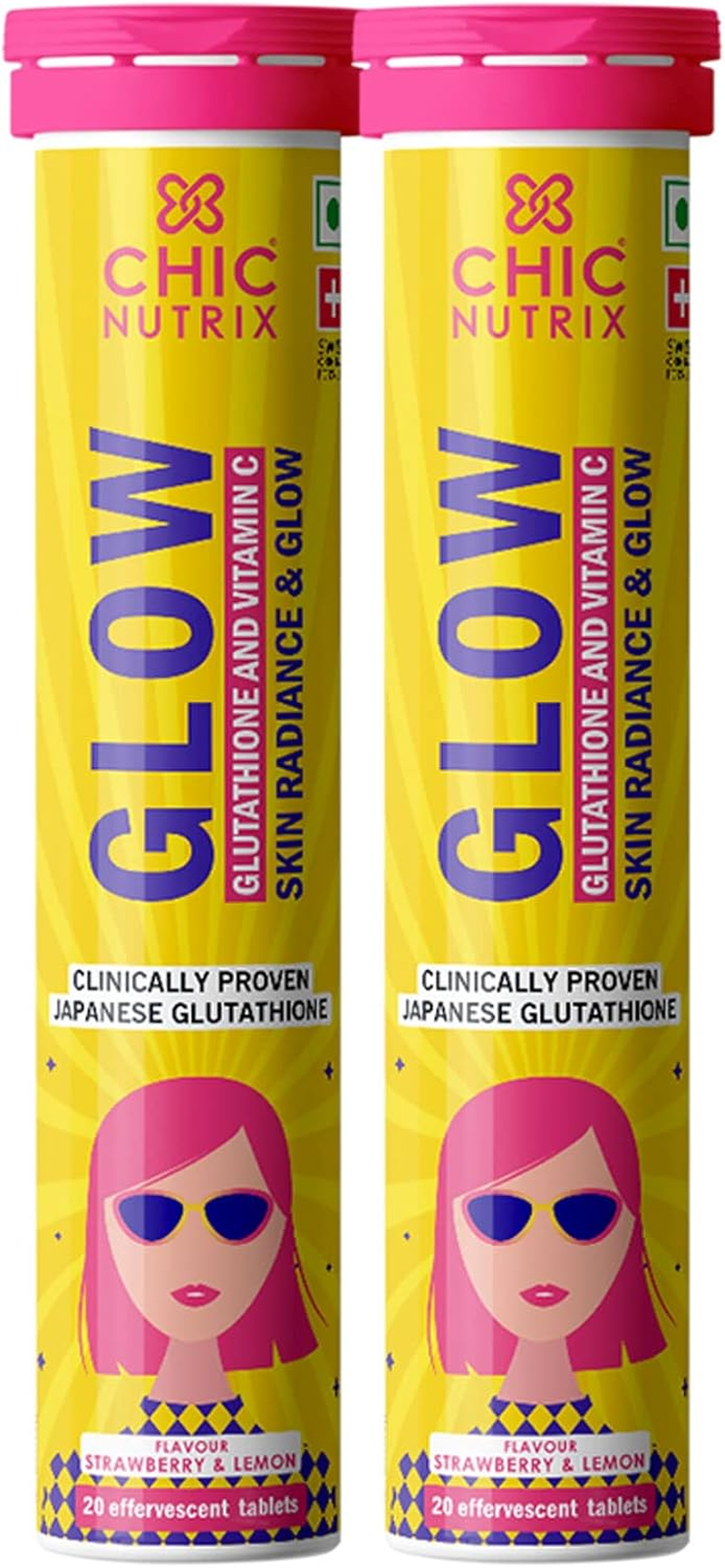 Chicnutrix Glow- 40 Effervescent Tablets| Japanese Glutathione & Vit. C| Antioxidants for Clear, Glowing Skin| Sugar-Free, Strawberry-Lemon Flavour