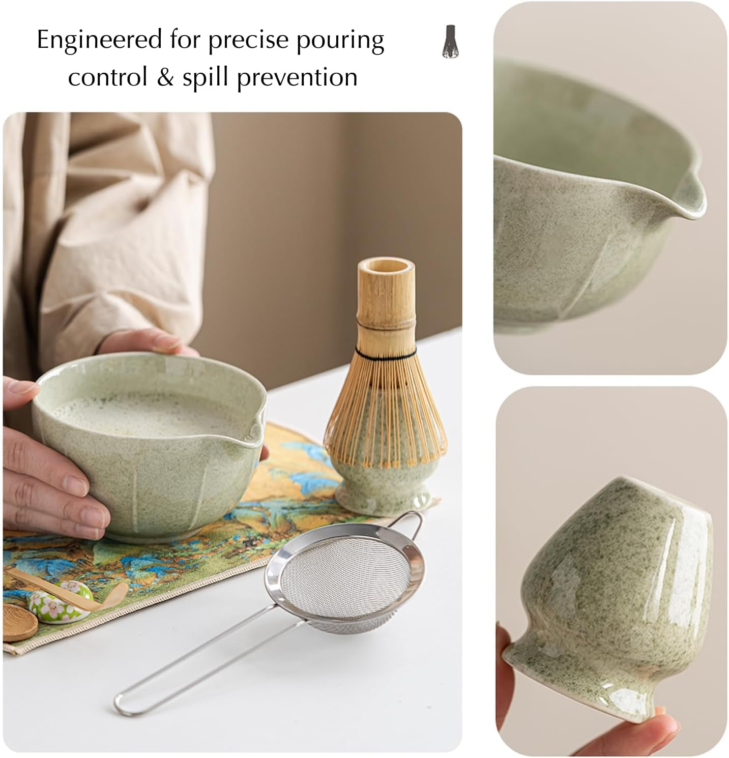 HJB VISSO Matcha Whisk Set - 8PCS Japanese Matcha Tea Kit for Traditional Tea Ceremony, Japanese Tea Making Tools with Whisk, Ceramic Bowl, Scoop,Tea Mat, Classic Green image number 2