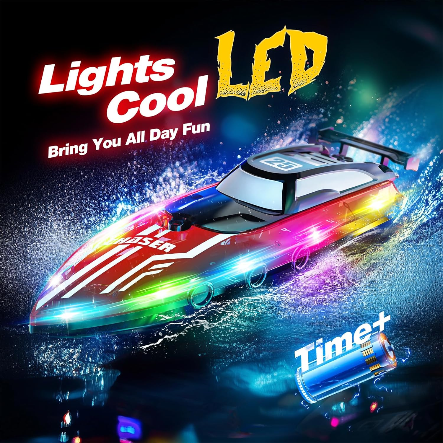 RC Boat with Dazzling LED Lights & US Flag,2.4Ghz Remote Control Racing Boats for Kids 8-12,Toy Water Boat for Pools and Lakes with Waterproof for Boys Girls RED image number 2