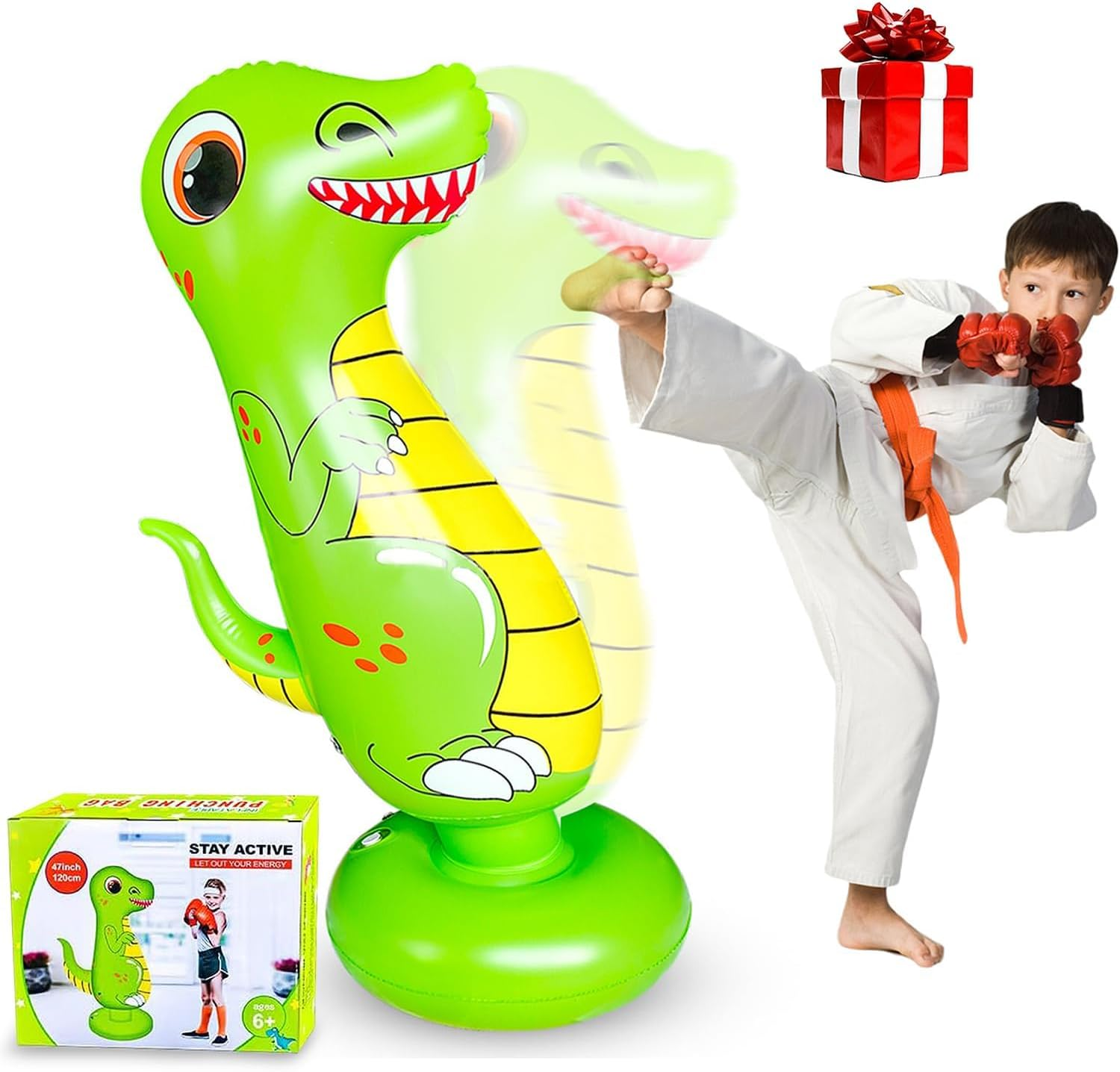Punching Bag for Kids 47" Inflatable Dinosaur Bop Bag Free Standing Boxing Bag for Immediate Bounce Back Heavy Punching Bag for Practicing Karate,Taekwondo,De-Stress Boxing Bag for Boy/Girl
