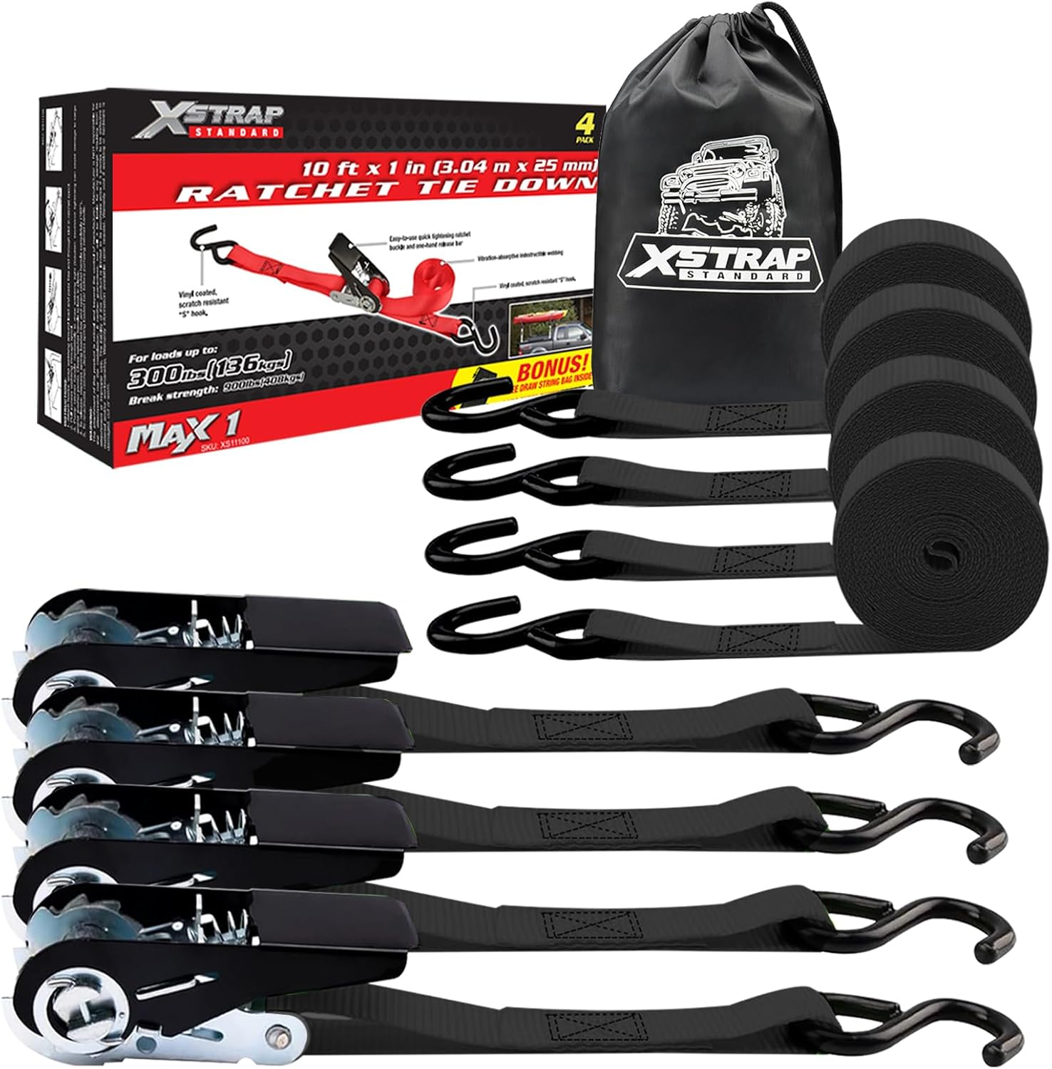 XSTRAP Standard Ratchet Tie down Straps 4PK 10 Ft- 300 Lbs Load Cap- 900 Lbs Break Strength-Cargo Straps for Moving Appliances, Lawn Equipment, Motorcycle Orange