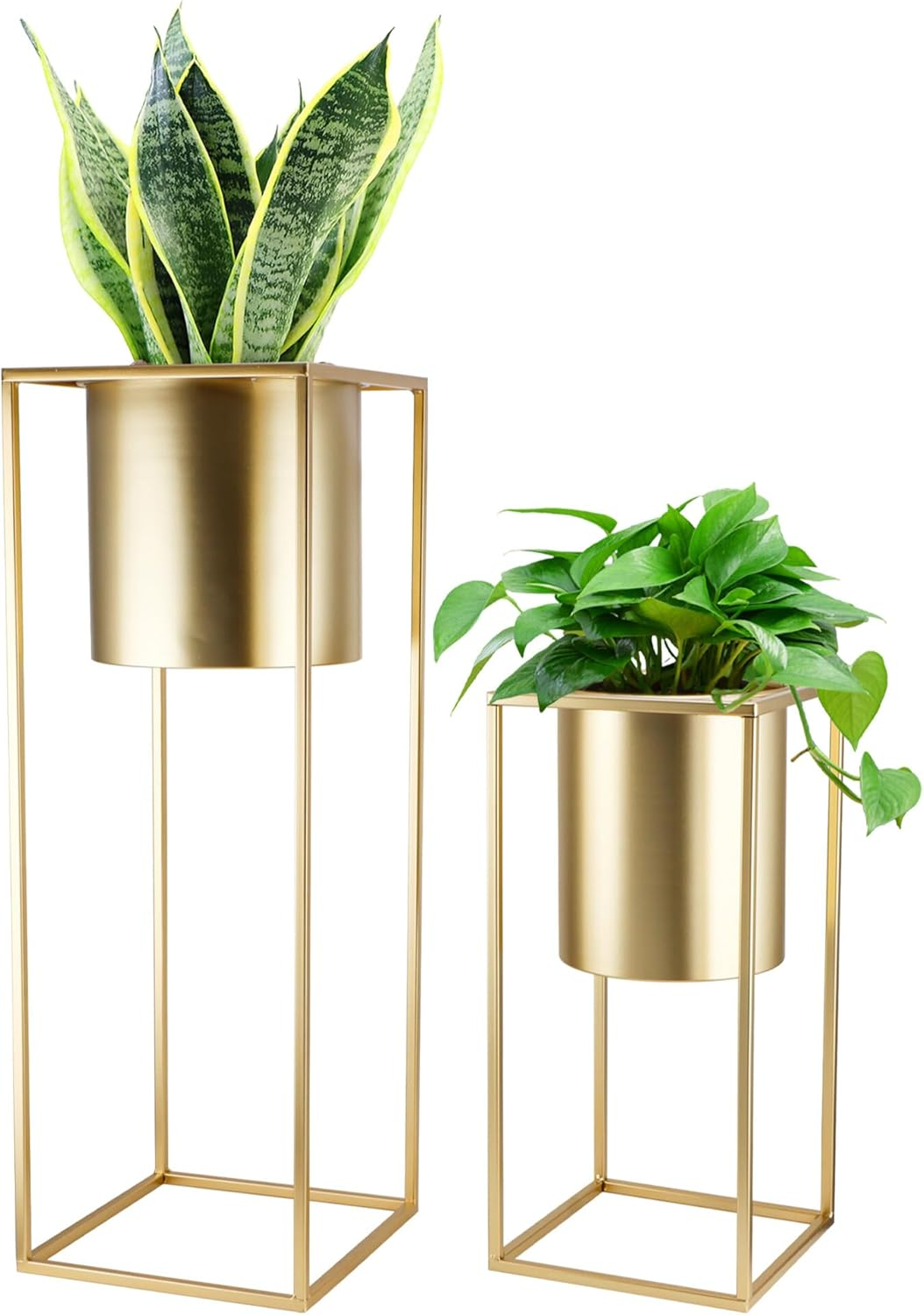 TRIROCKS Set of 2 Large Planters with Stand Gold Planter for Indoor Plants 28 &18" H Morden Plant Pots for Living Room Corner Kitchen Office Garden Balcony Patio Decor(Gold) image number 1