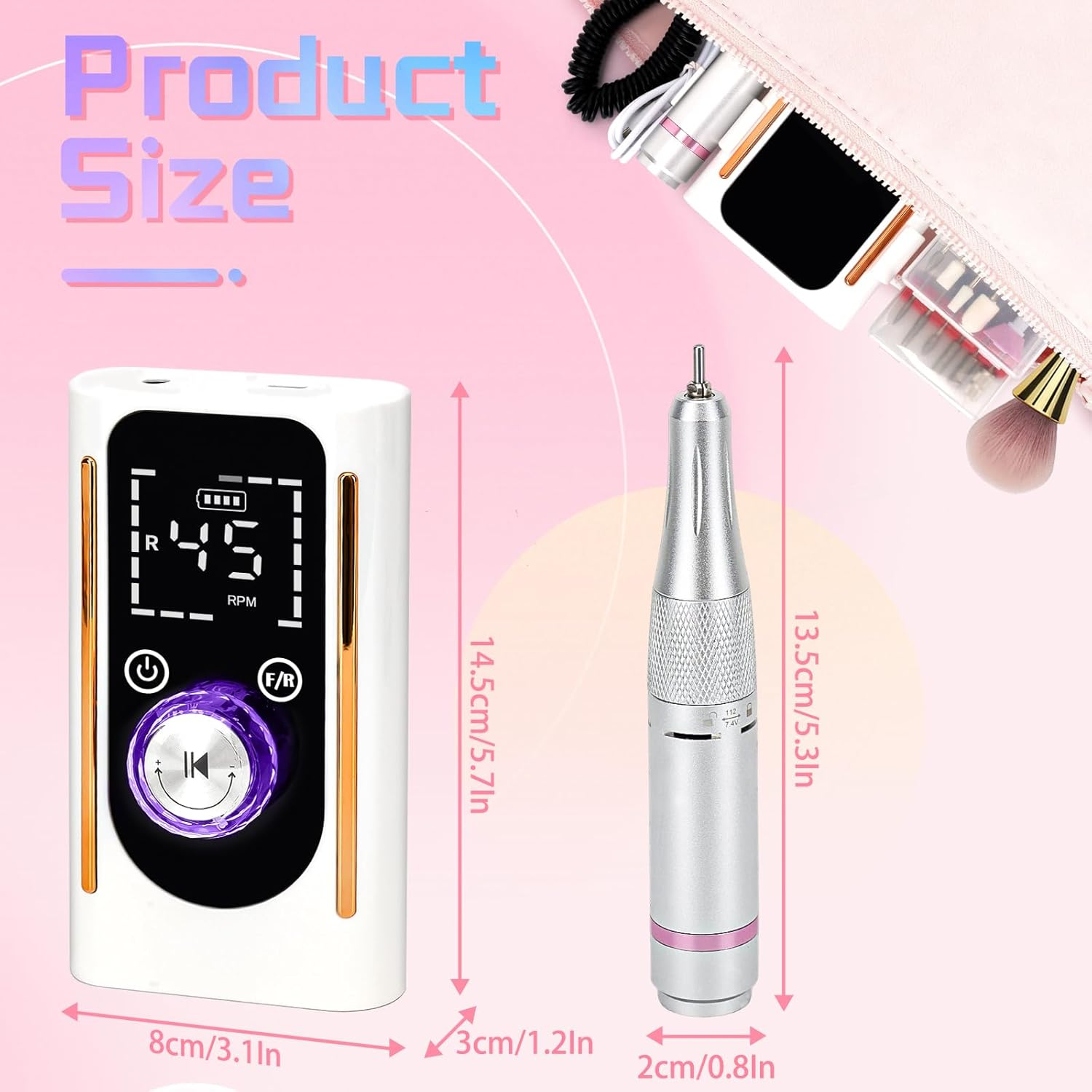 Nail Drill Portable Electric Nail File 45000RPM Rechargeable Nail Drill Professional with Bits & Base for Acrylic Gel Nails E File Machine Manicure Polishing for Salon Home