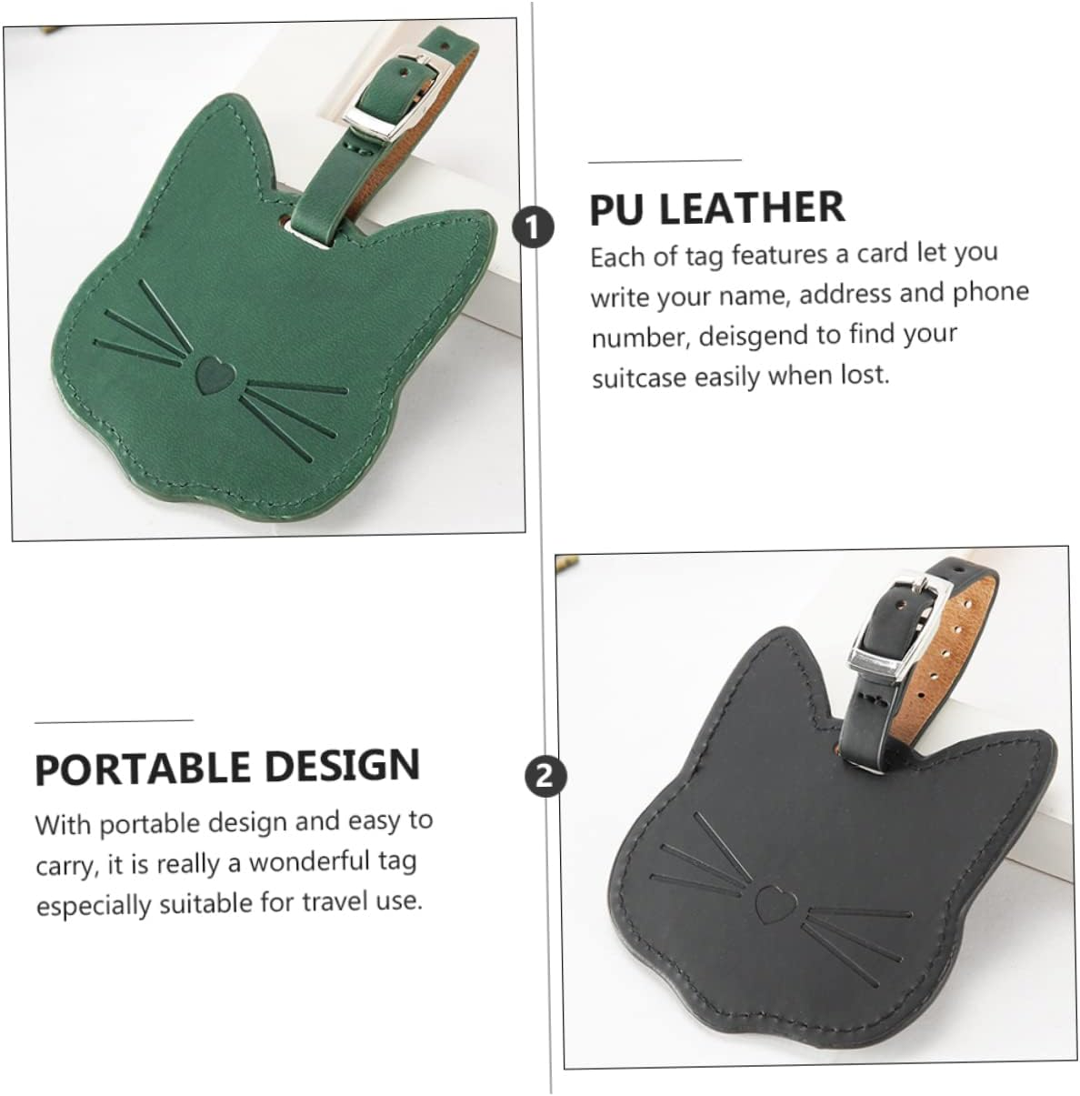COSMEVIVI Pu Leather Luggage Tags 2Pcs Set Cat Design Pu Id Labels Travel Suitcase Bag Tags for Adults and Children School Bag Baggage Accessories Random Color image number 1