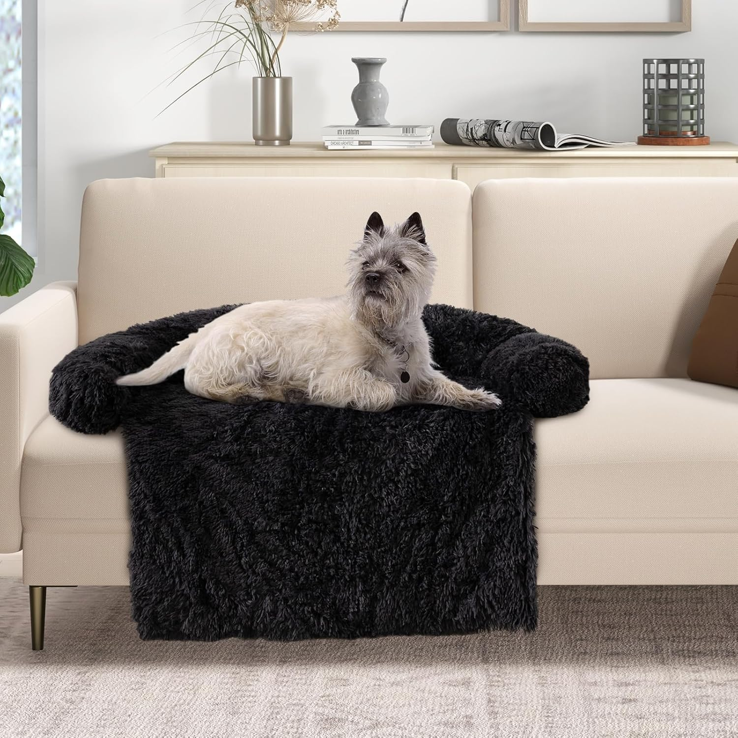 Costway Plush Calming Dog Couch Bed, Dog Sofa Bed for Furniture Protector W/Anti-Slip Bottom, Detachable Washable Cover, Soft Neck Bolster, Plush Mat for Small/Medium/Large Dogs & Cats (Black-M) - Black-S image number 7