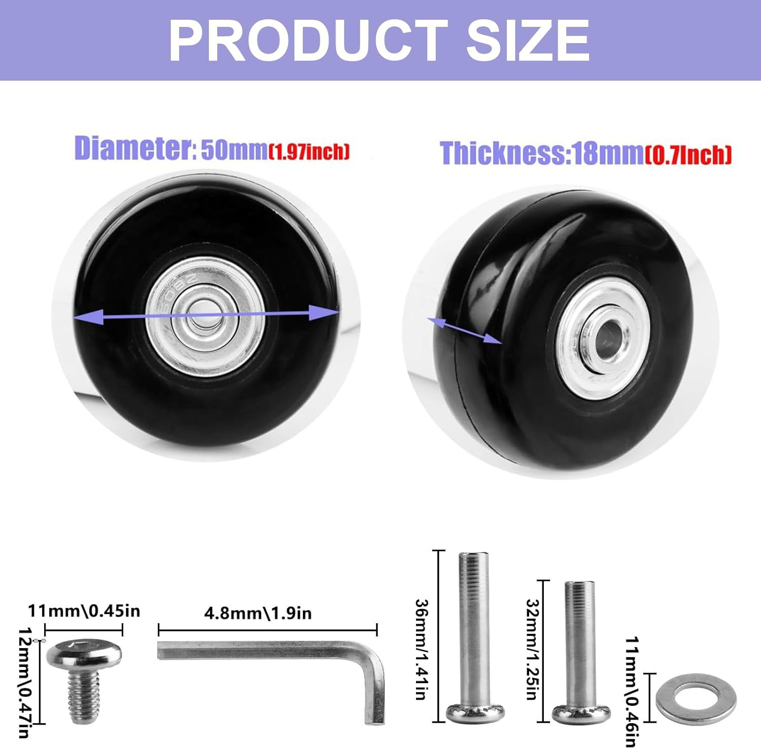 4-Pack Luggage Suitcase Replacement Wheels, 50Mm X 18Mm Rubber Swivel Caster Wheels Repair Kits for Suitcase Inline Skate Caster Board