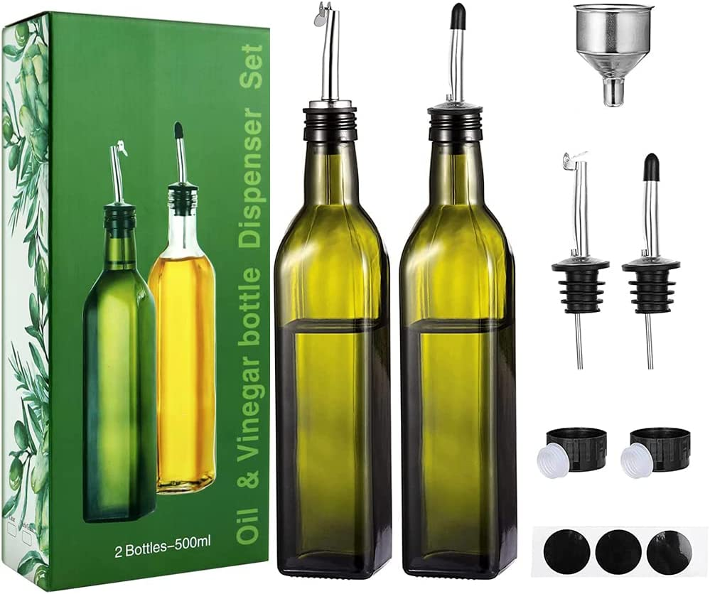 17Oz Glass Olive Oil Dispenser Bottle Set, 500Ml Clear Oil & Vinegar Cruet Bottle with Pourers, Funnel and Labels, Olive Oil Bottle for Kitchen & Storing Liquids (Green 2 Pack)