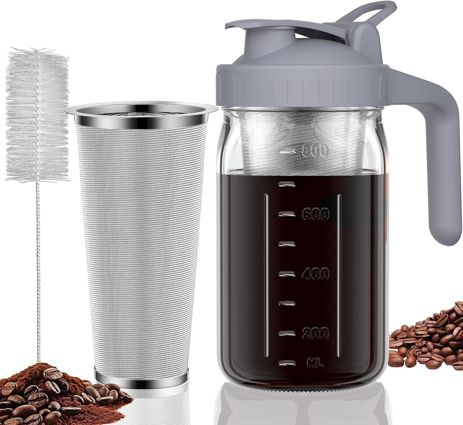 Cold Brew Coffee Maker Pitcher, 32 Oz Thick Glass Mason Jar Spout Lid with Handle & Stainless Steel Filter for Iced Brew Coffee, Ice Lemonade, Sun Tea, Fruit Drinks Container image number 5