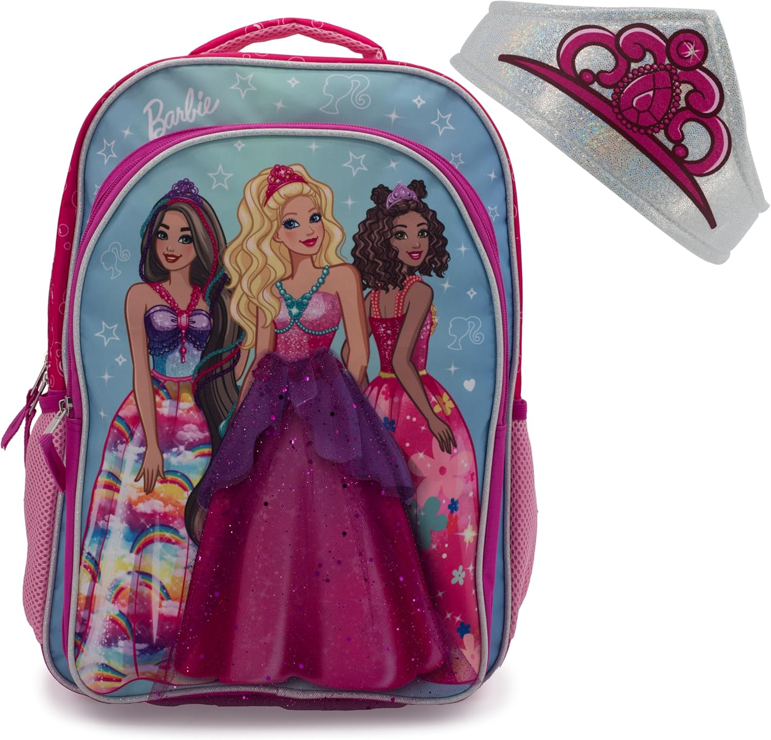 Barbie & Friends Cosplay Backpack, Girls Bookbag with Adjustable Shoulder Straps & Padded Back, 16 School Bag W/3D Skirt and Metallic Fabric Tiara., Pink, Large, Barbie 16" Backpack image number 2