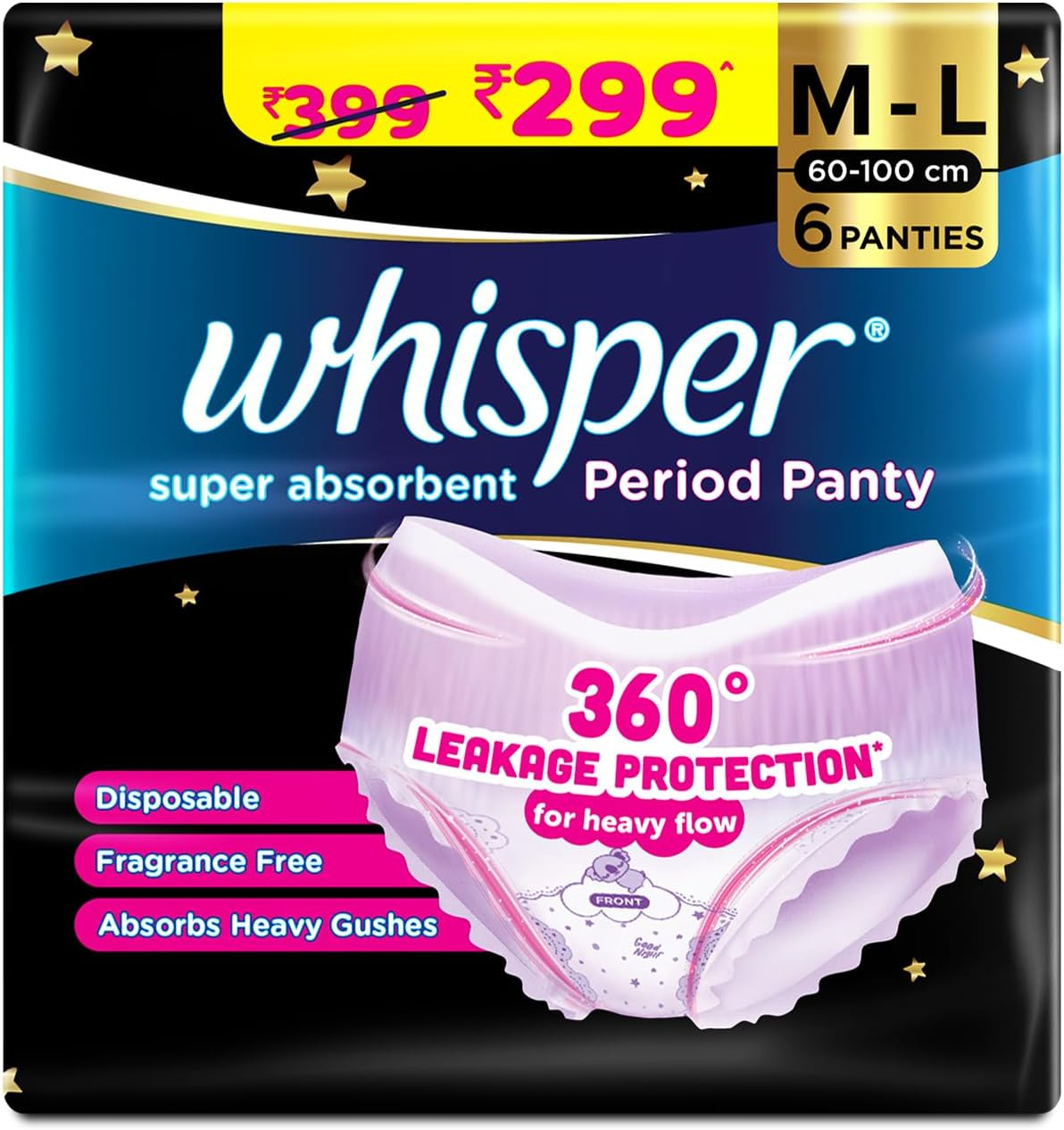 Whisper Super Absorbent Period Panty, 6 M-L Pants, 360 Degree Leakage Protection for Heavy Flow, Panty like Fit for Full Back Coverage, Absorbs Heavy Gushes, Silky Soft, Comfortable Feel, Women image number 6